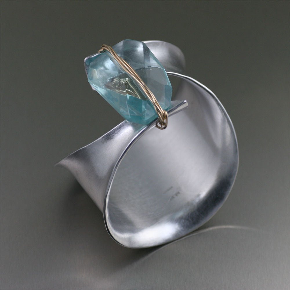 Aluminum Bangle Bracelet with Faceted Blue Quartz Gemstone