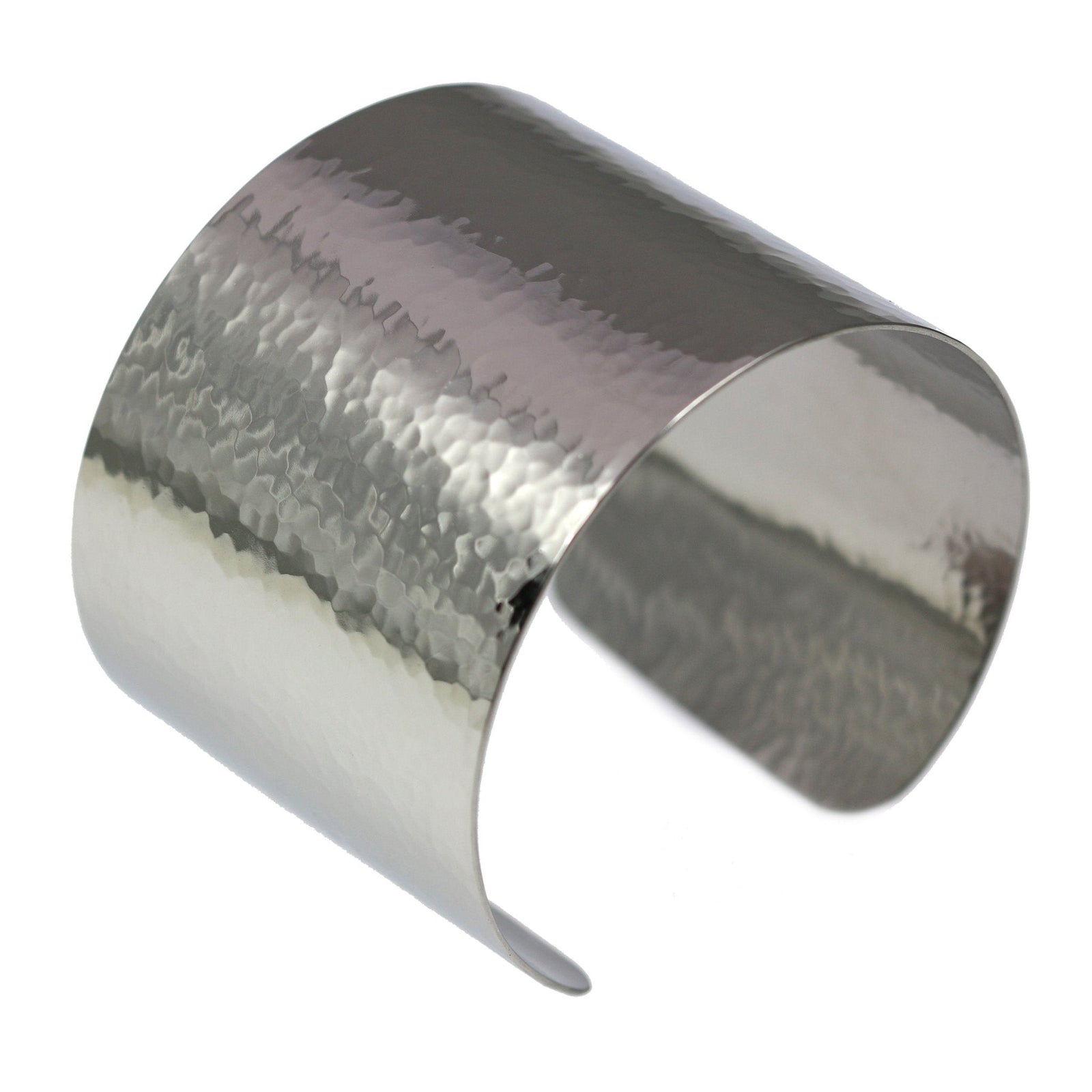 A 1 3/4 Inch Wide Hammered Stainless Steel Cuff Bracelet on a White Background