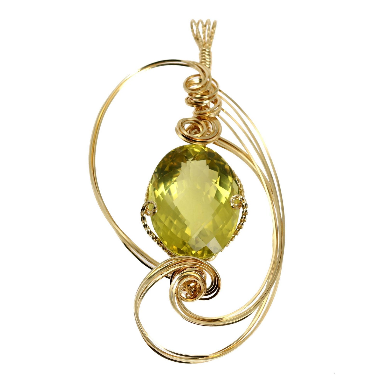 A 102.5 CT Green Gold Quartz 14K Gold-filled Pendant on a White Background