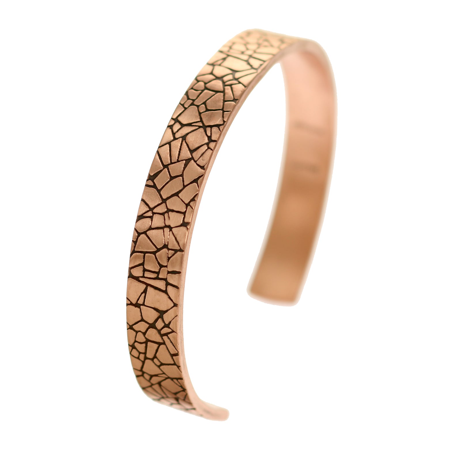 A 10mm Wide Men's Embossed Mosaic Solid Copper Cuff on a White Background