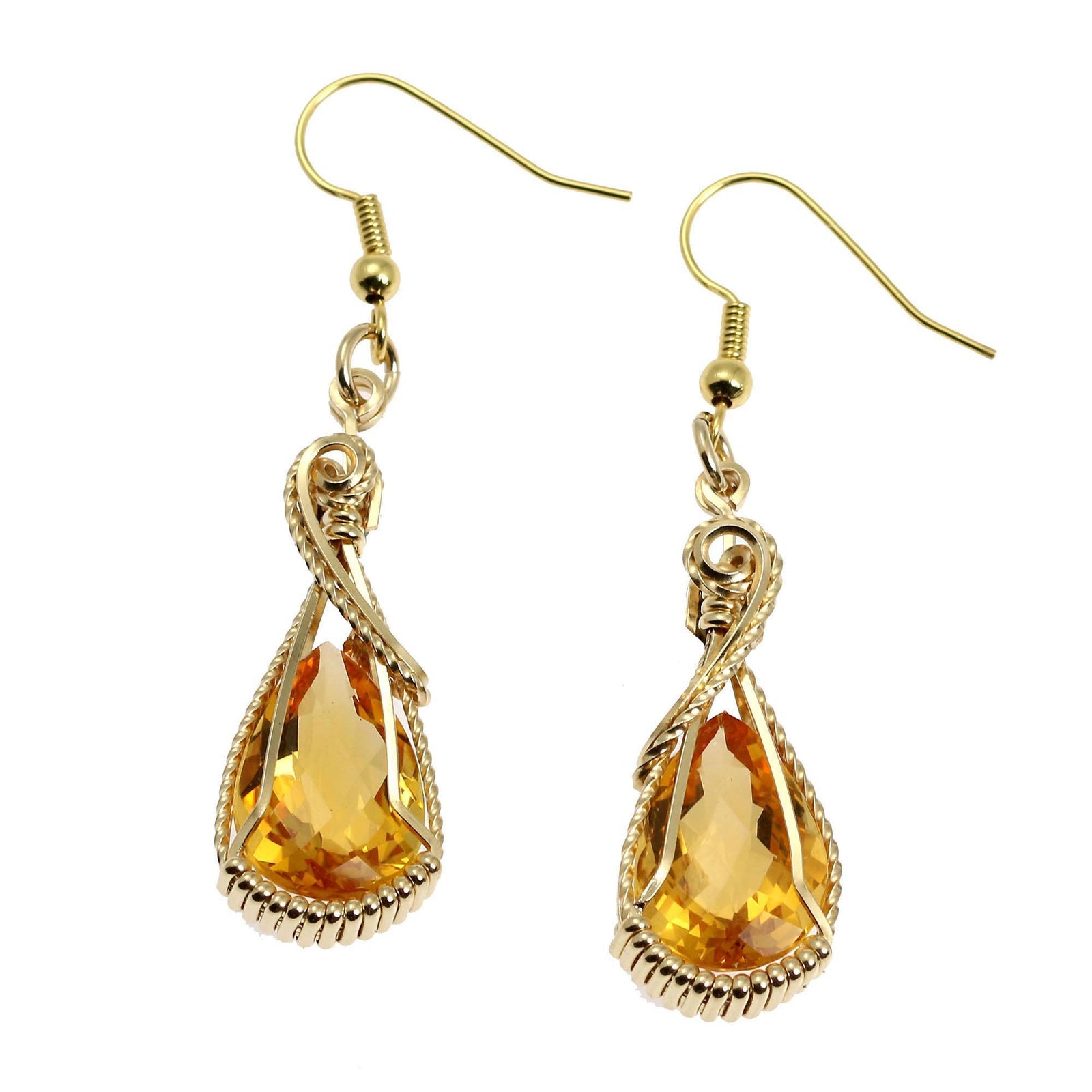 A Pair of 13.5 CT Checkboard Cut Citrine 14K Gold-filled Earrings on a White Background