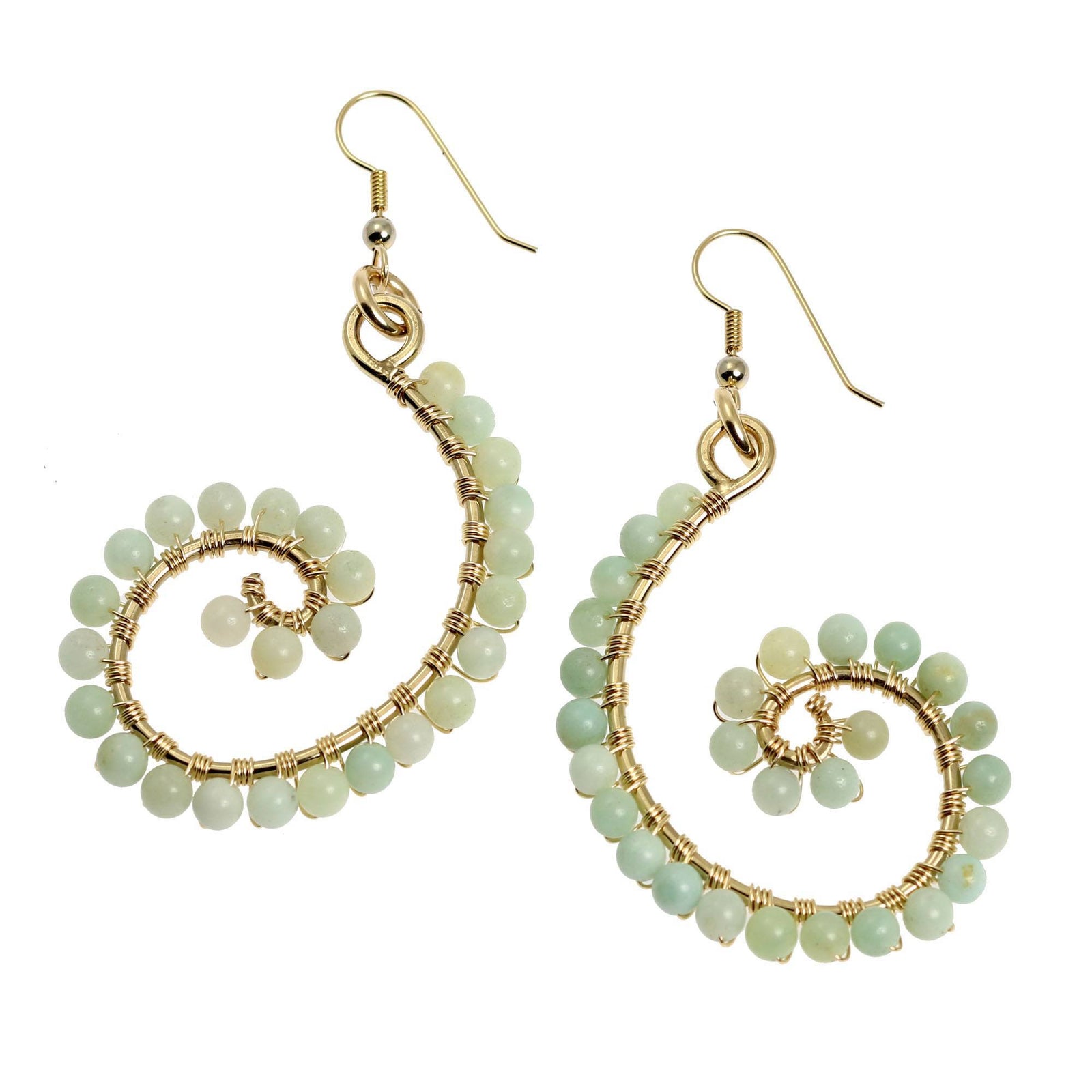 A Pair of 14K Gold-filled Amazonite Scroll Earrings on a White Background
