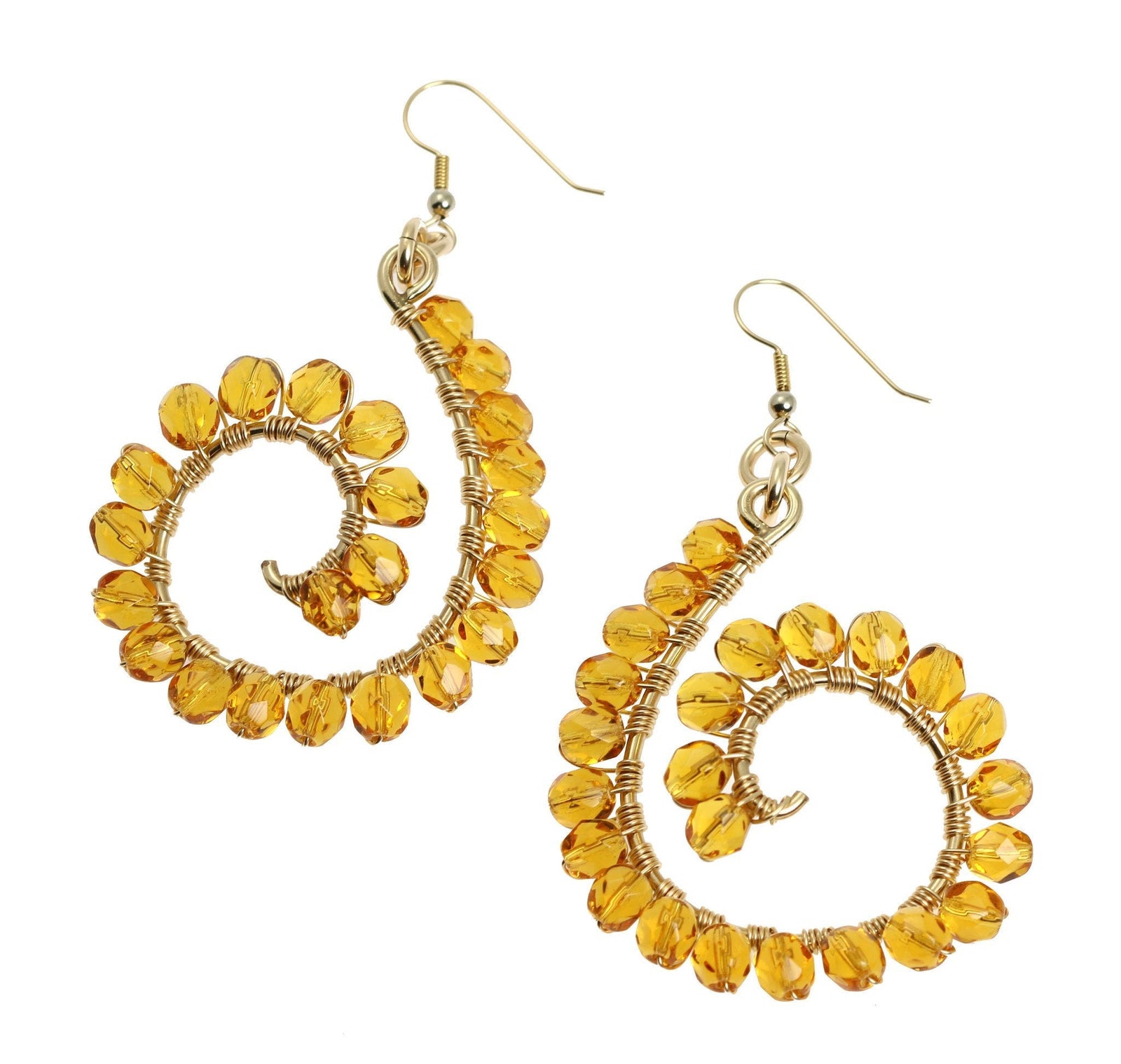 A Pair of 14K Gold-filled Amber Wire Wrapped Earrings on a White Background