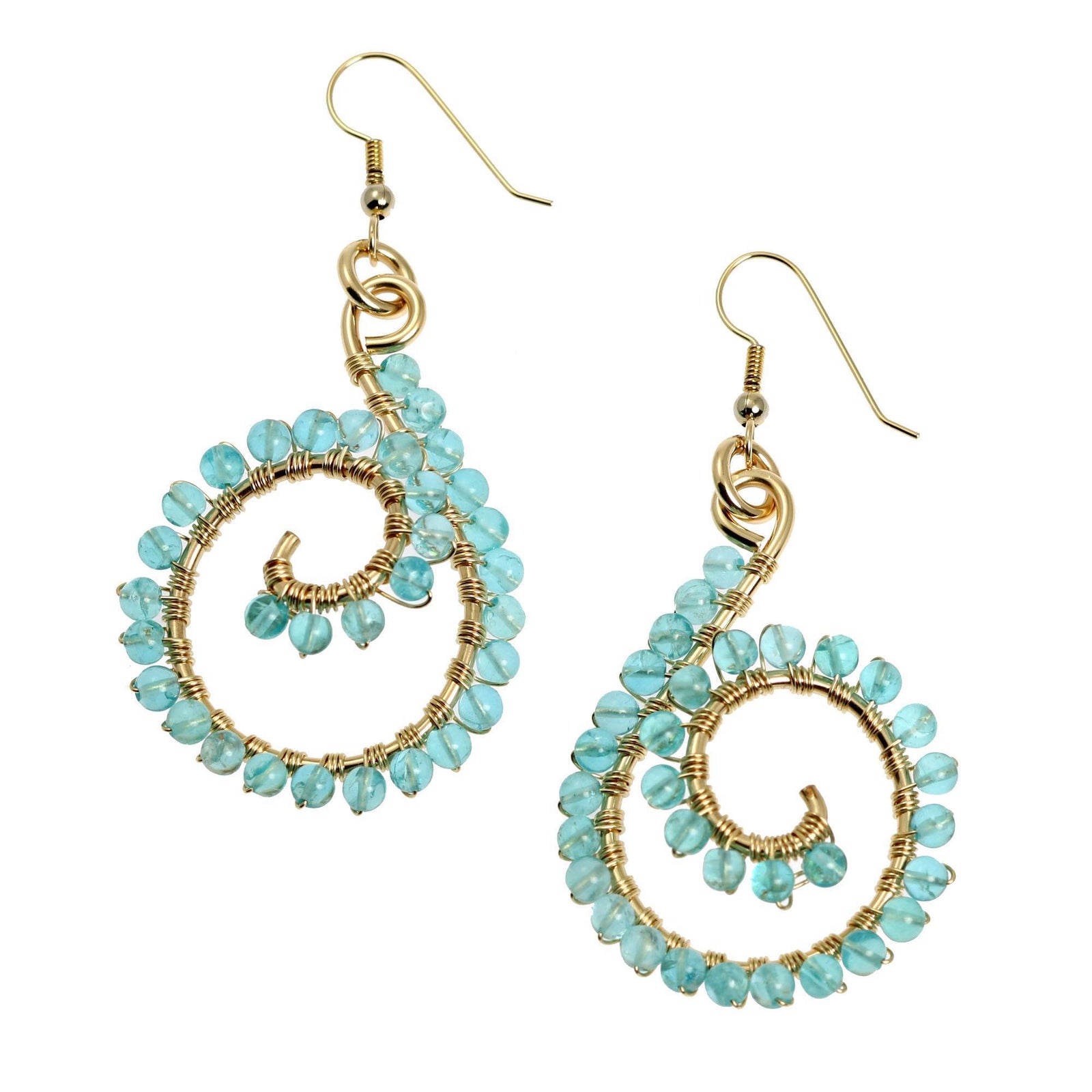 A Pair of 14k Gold-filled Wire Wrapped Drop Earrings With Apatite on a White Background