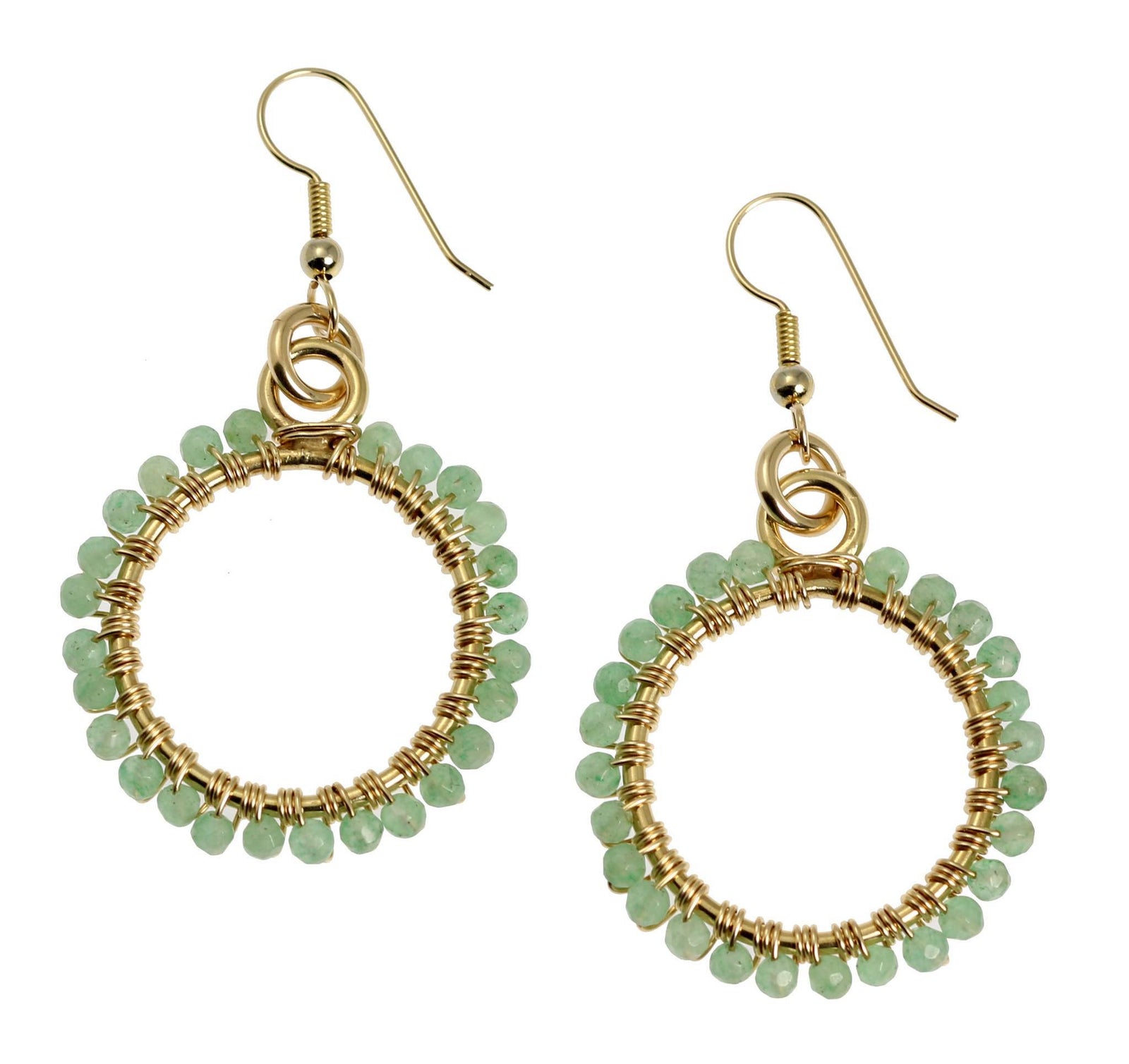 A Pair of 14K Gold-filled Wire Wrapped Hoop Earrings With Aquamarine on a White Background