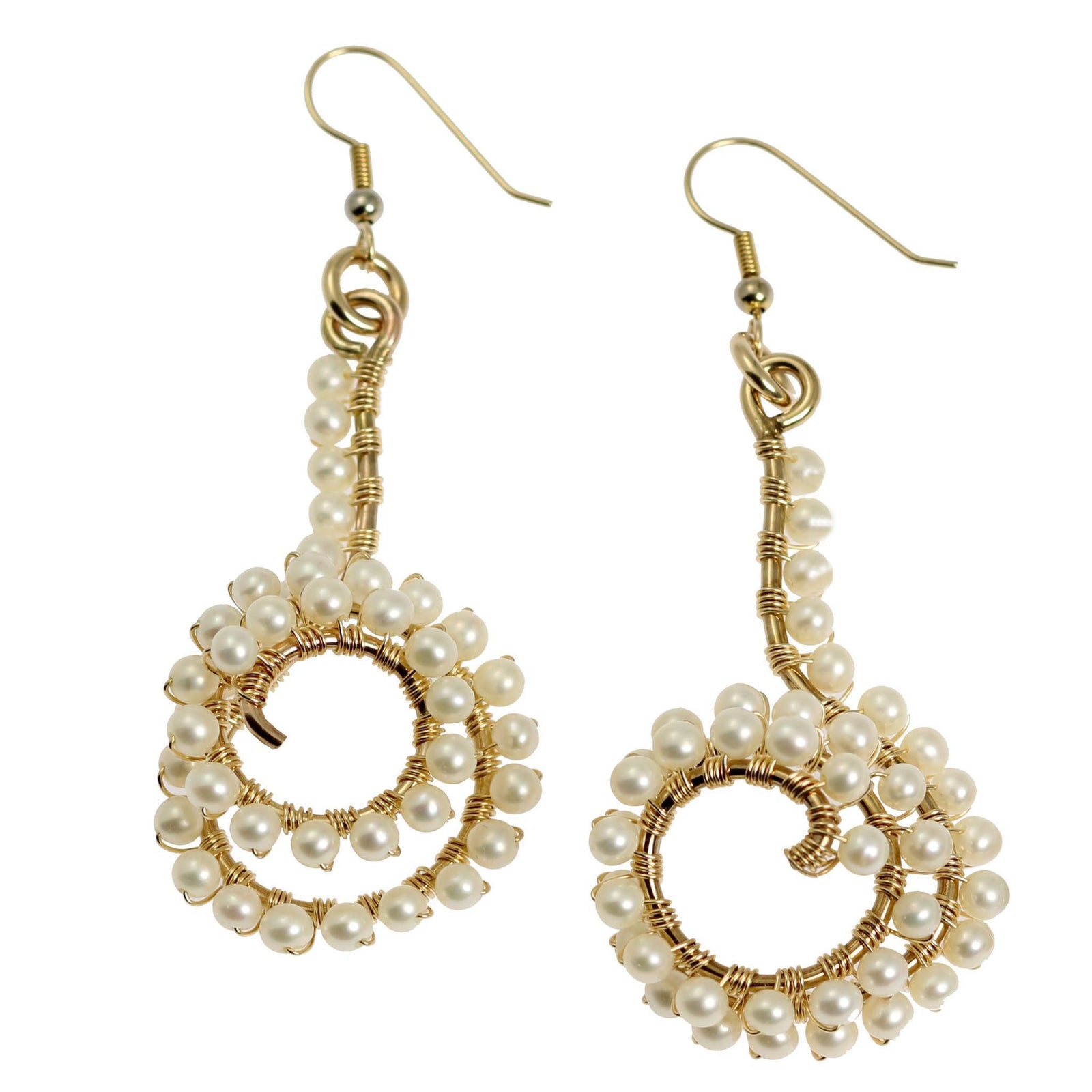 A Pair of 14K Gold-filled Wire Wrapped Spiral Earrings With Pearls on a White Background