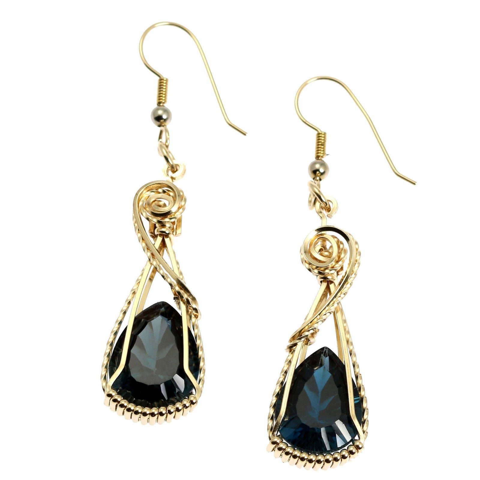 A Pair of 17 CT Cushion Cut London Blue Topaz 14K Gold-filled Earrings on a White Background