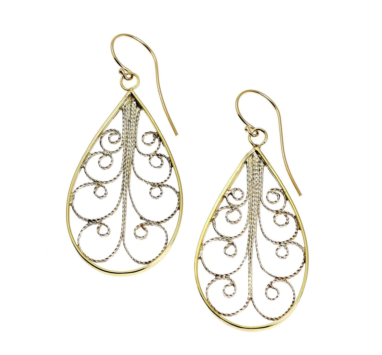 A Pair of 18K Gold Filigree Teardrop Earrings on a White Background