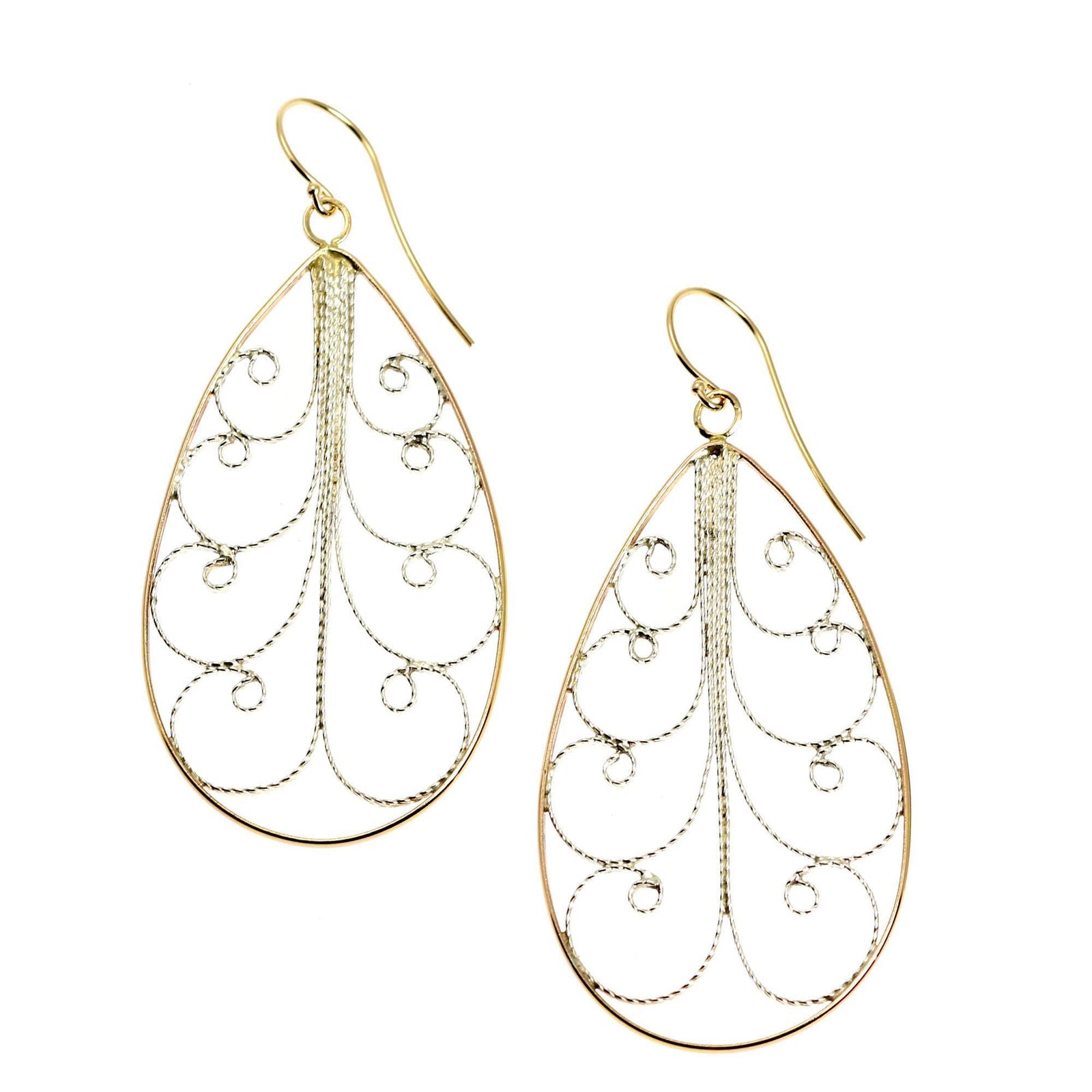A Pair of Large 18K Gold Filigree Teardrop Earrings on a White Background