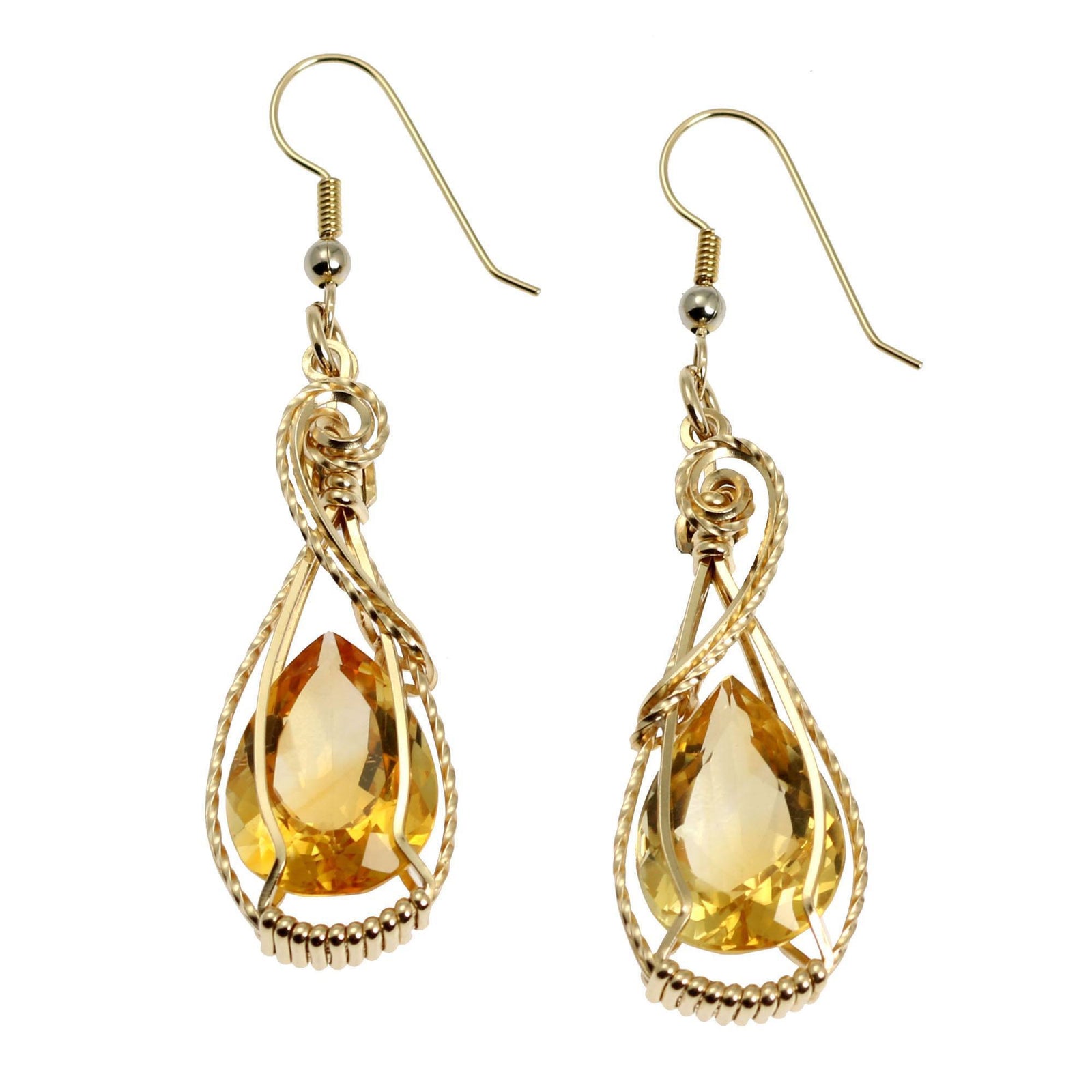 A Pair of 19 CT Cushion Cut Citrine 14K Gold-filled Earrings on a White Background