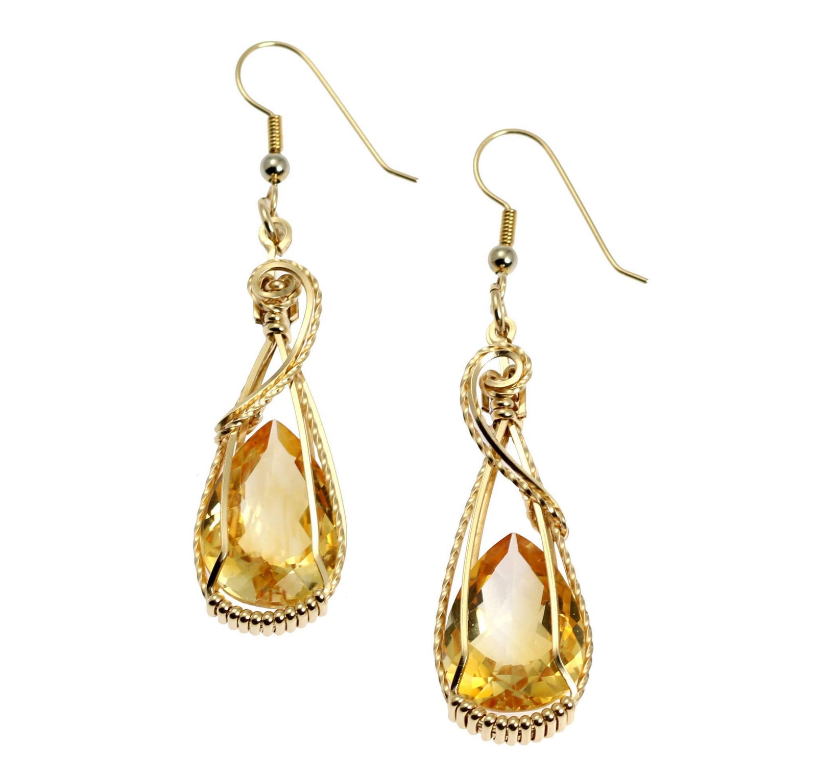 A Pair of 21 CT Citrine 14K Gold-filled Wire Wrapped Earrings on a White Background