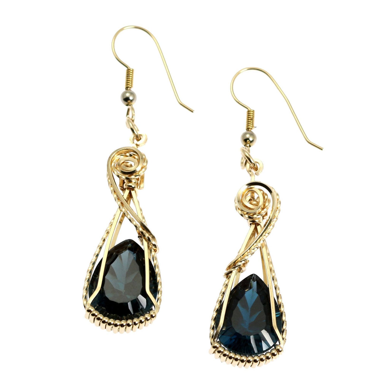 A Pair of 21 CT Cushion Cut London Blue Topaz 14K Gold-filled Earrings on a White Background