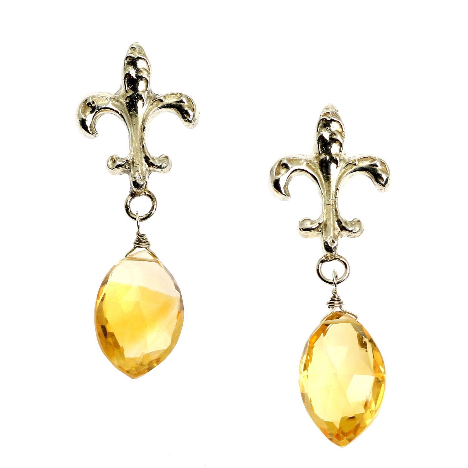 A Pair of 23 CT Citrine Sterling Silver Fleur-de-lis Earrings on a White Background