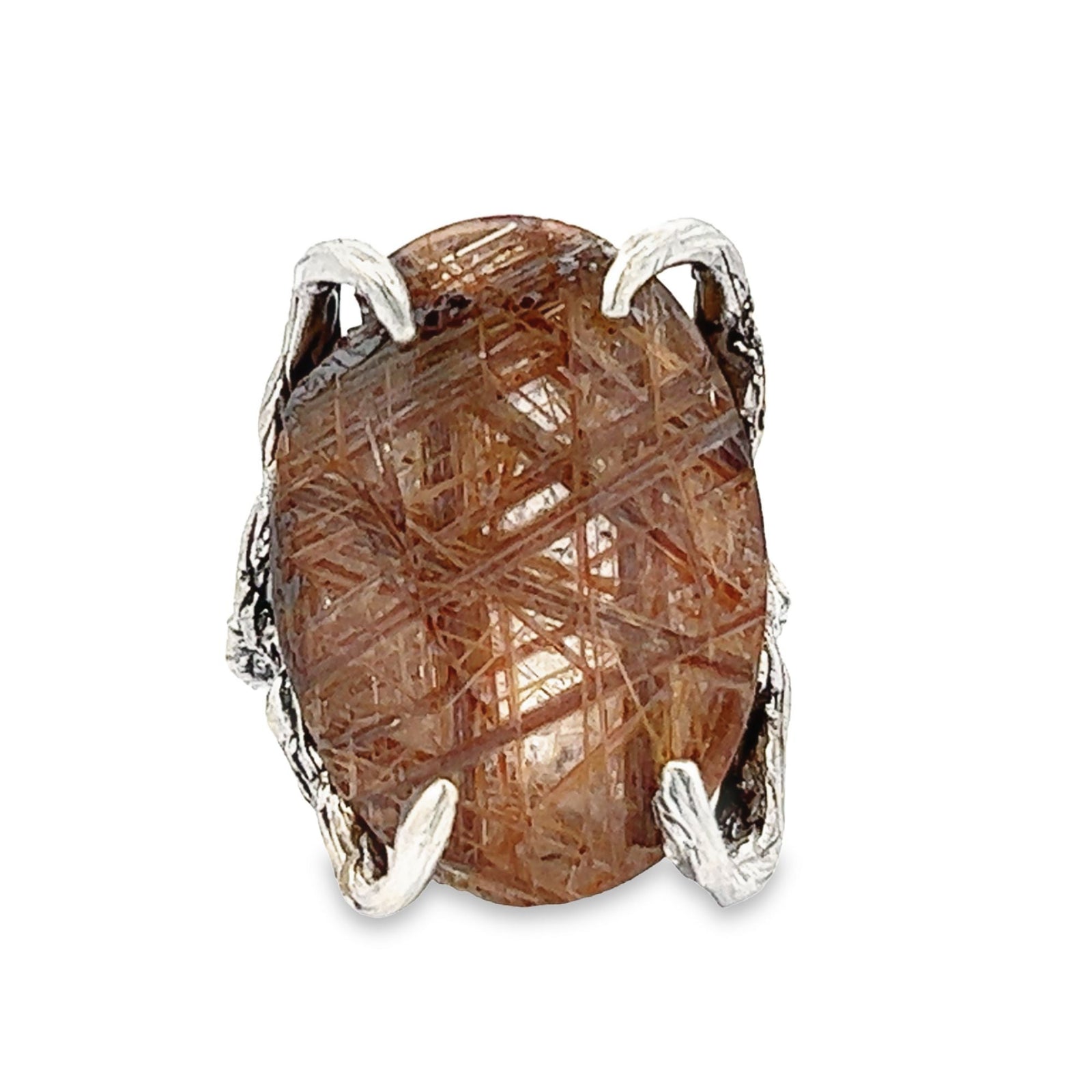 A 23.5 Ct Bronze Rutilated Quartz Sterling Silver Tree Ring on a White Background