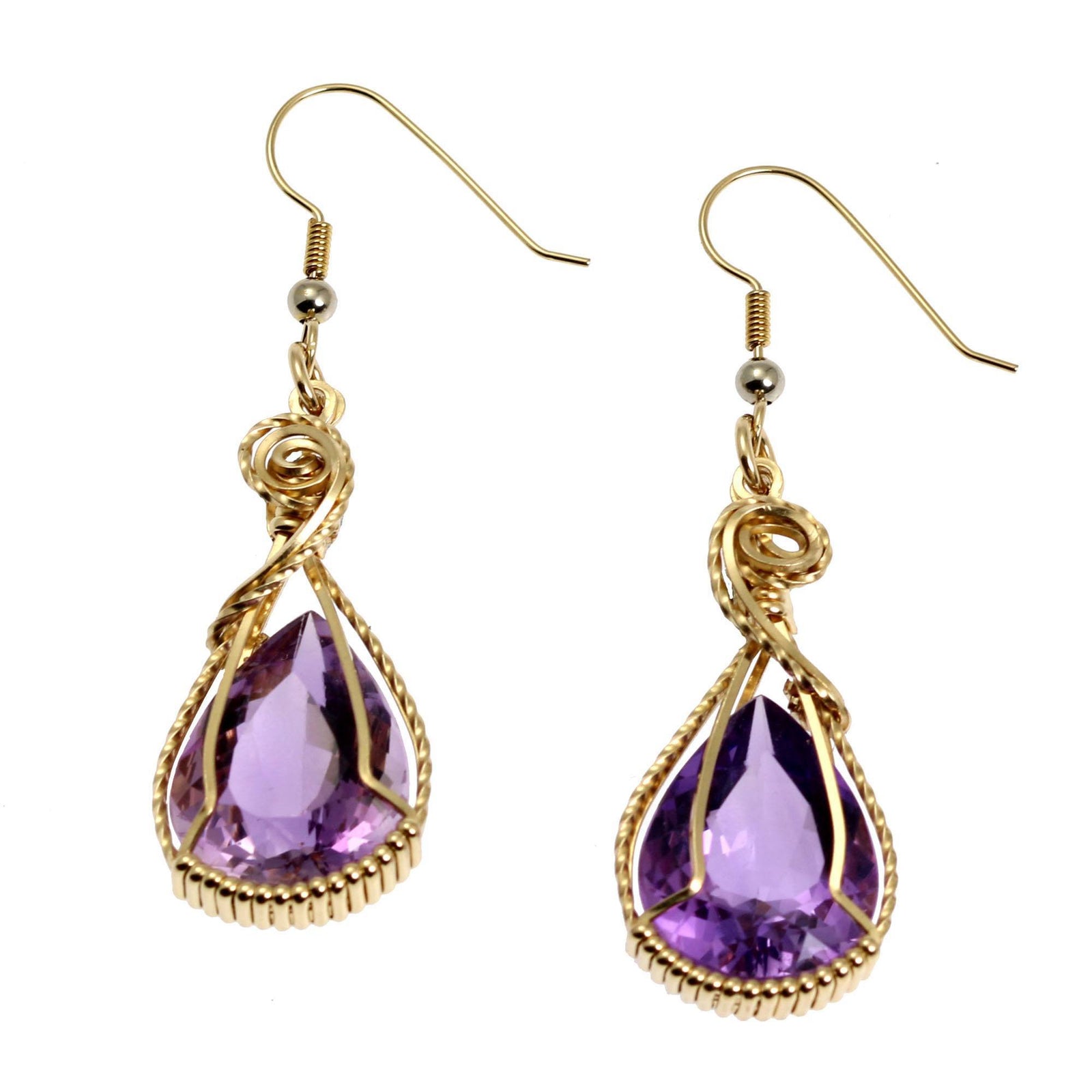 A Pair of 24 CT Amethyst 14K Gold-filled Wire Wrapped Earrings on a White Background