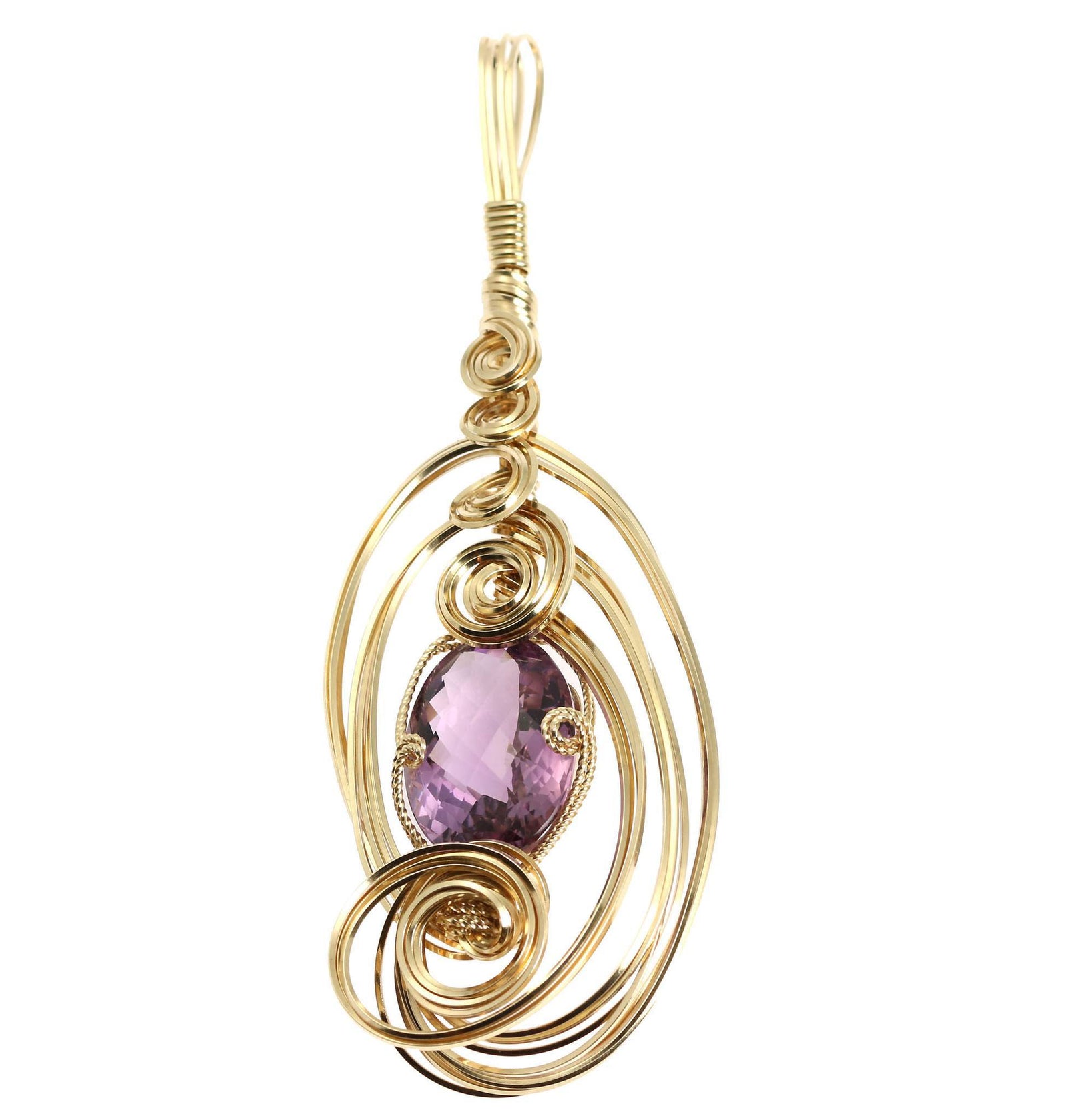 A 25.5 Ct Amethyst 14K Gold-filled Wire Wrapped Pendant on a White Background