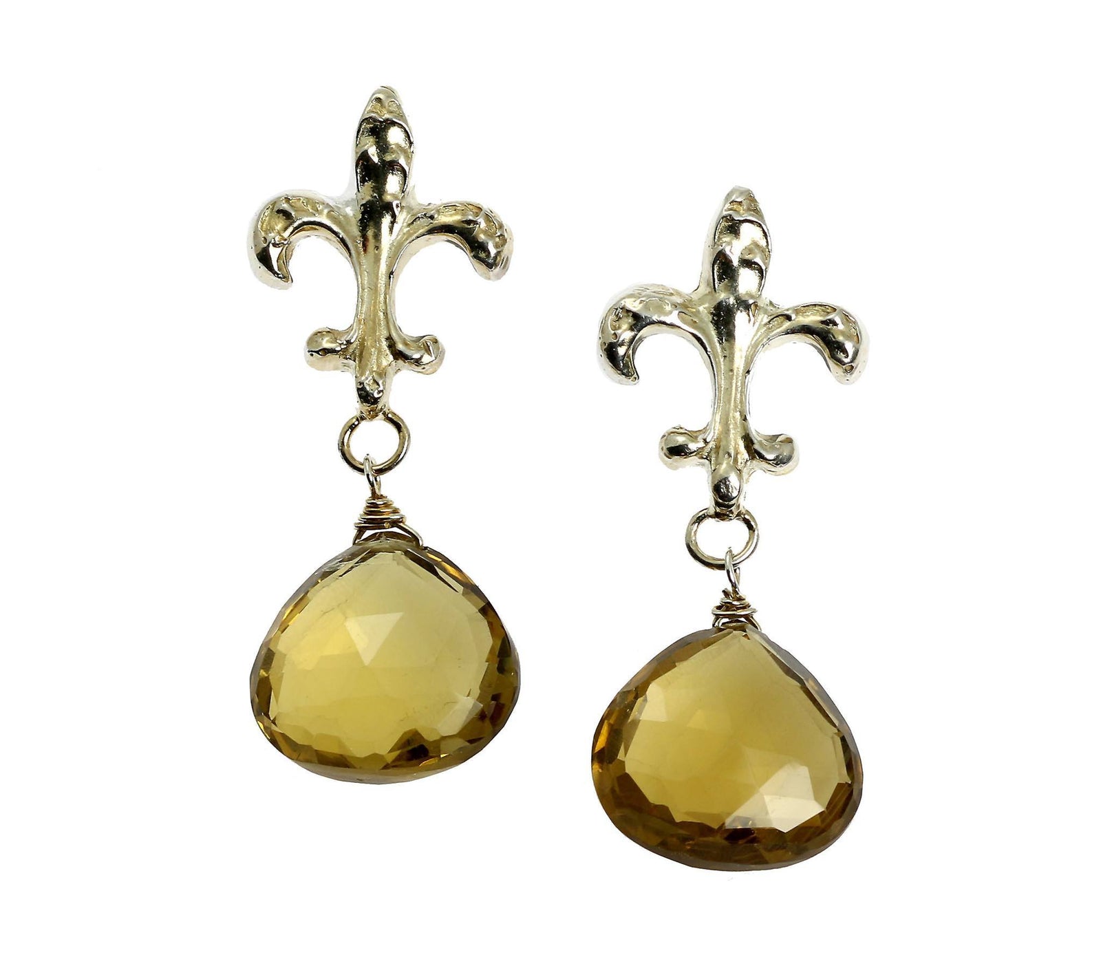 A Pair of 29.5 CT Bear Quartz Sterling Silver Fleur-de-lis Earrings on a White Background