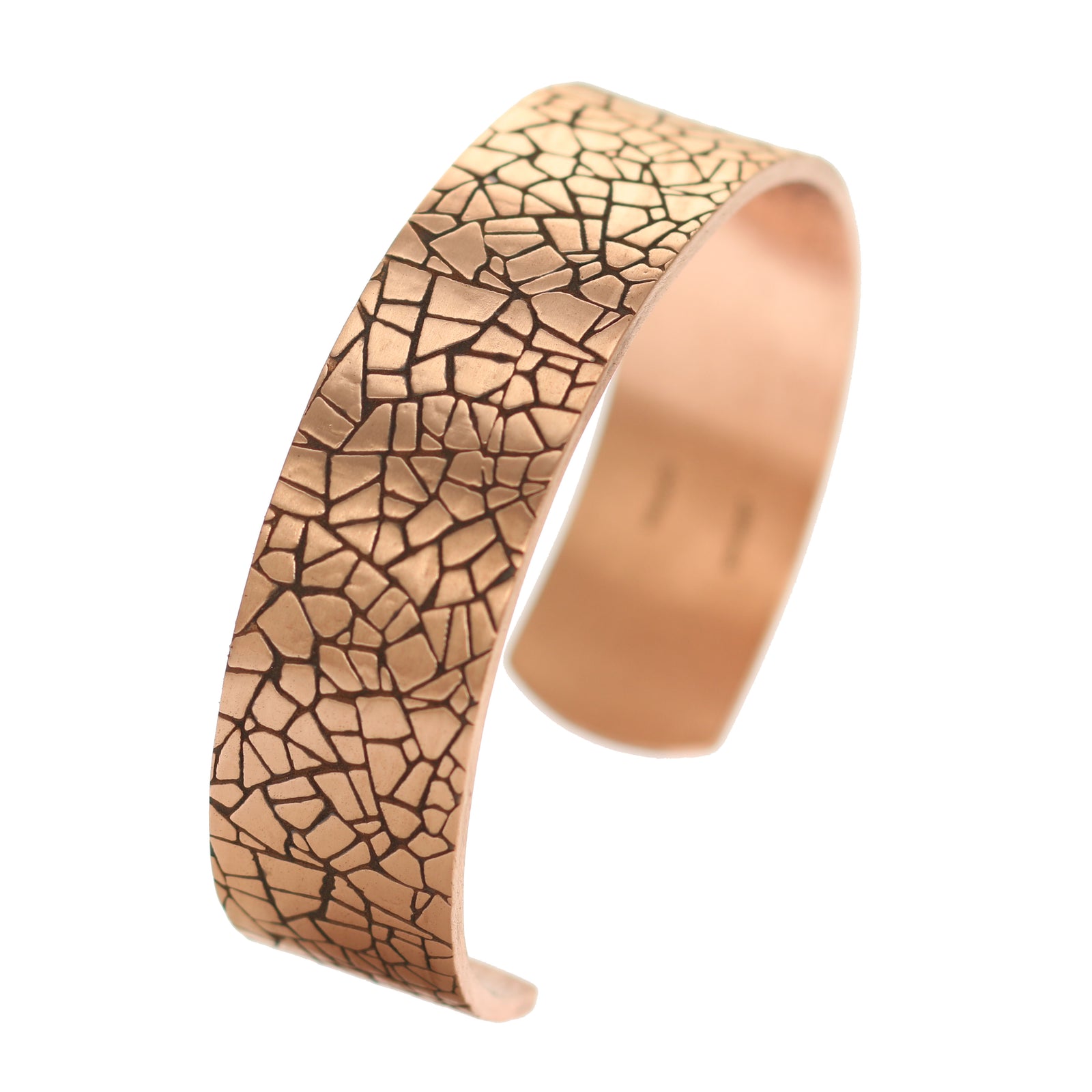 A Men's 3/4 Inch Wide Mosaic Embossed Solid Copper Cuff on a White Background