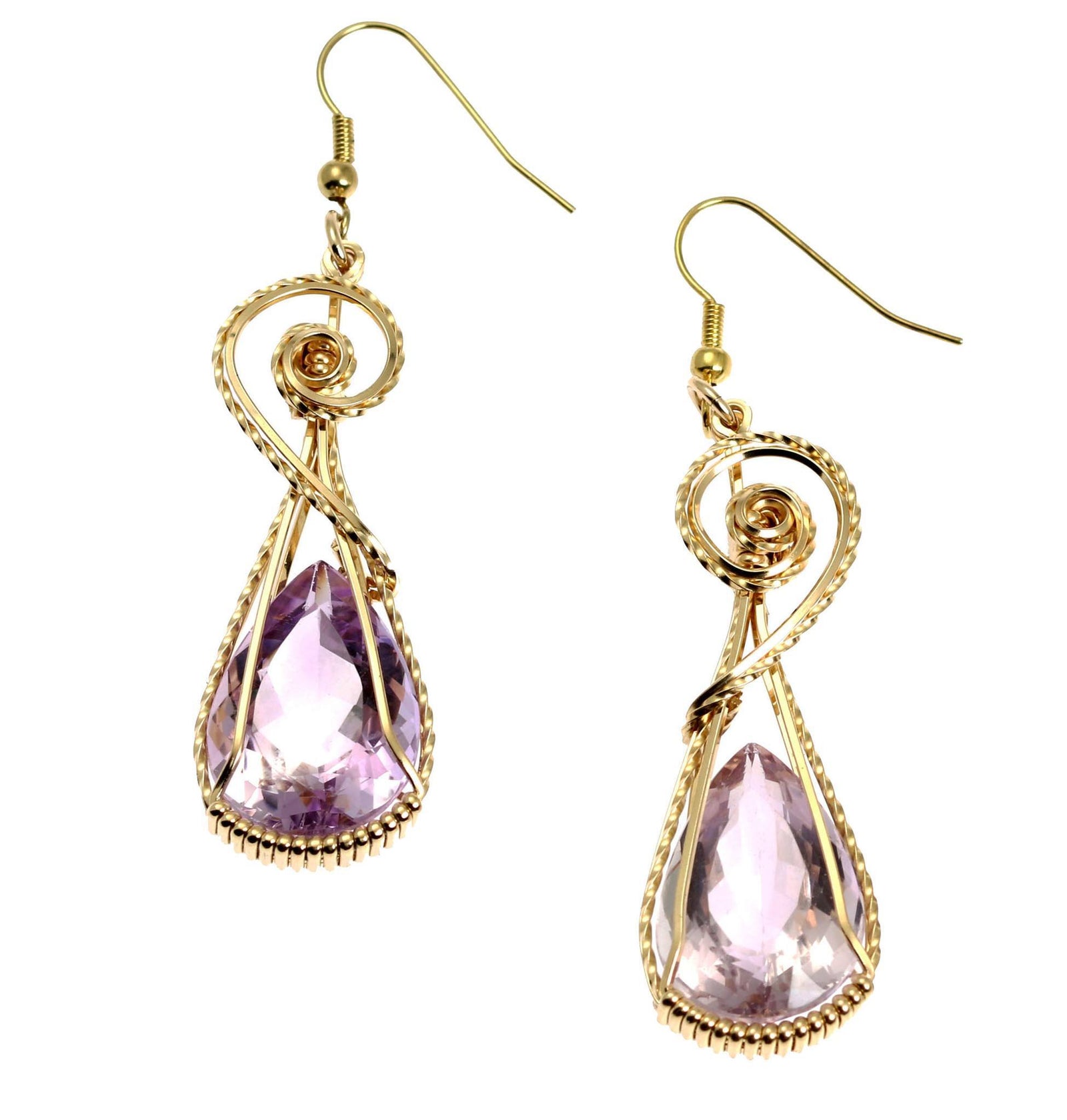 A Pair of 30 CT Amethyst 14K Gold-filled Wire Wrapped Earrings on a White Background