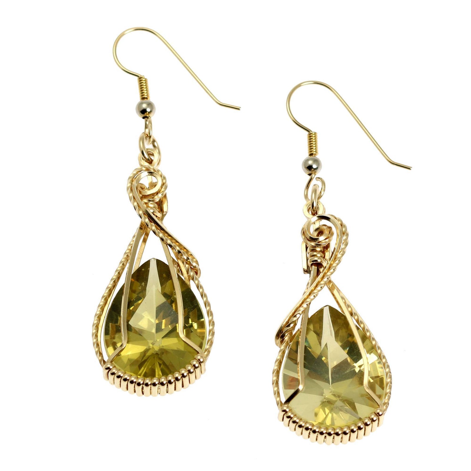 A Pair of 32 CT Green Gold Quartz 14K Gold-Filled Earrings on a White Background