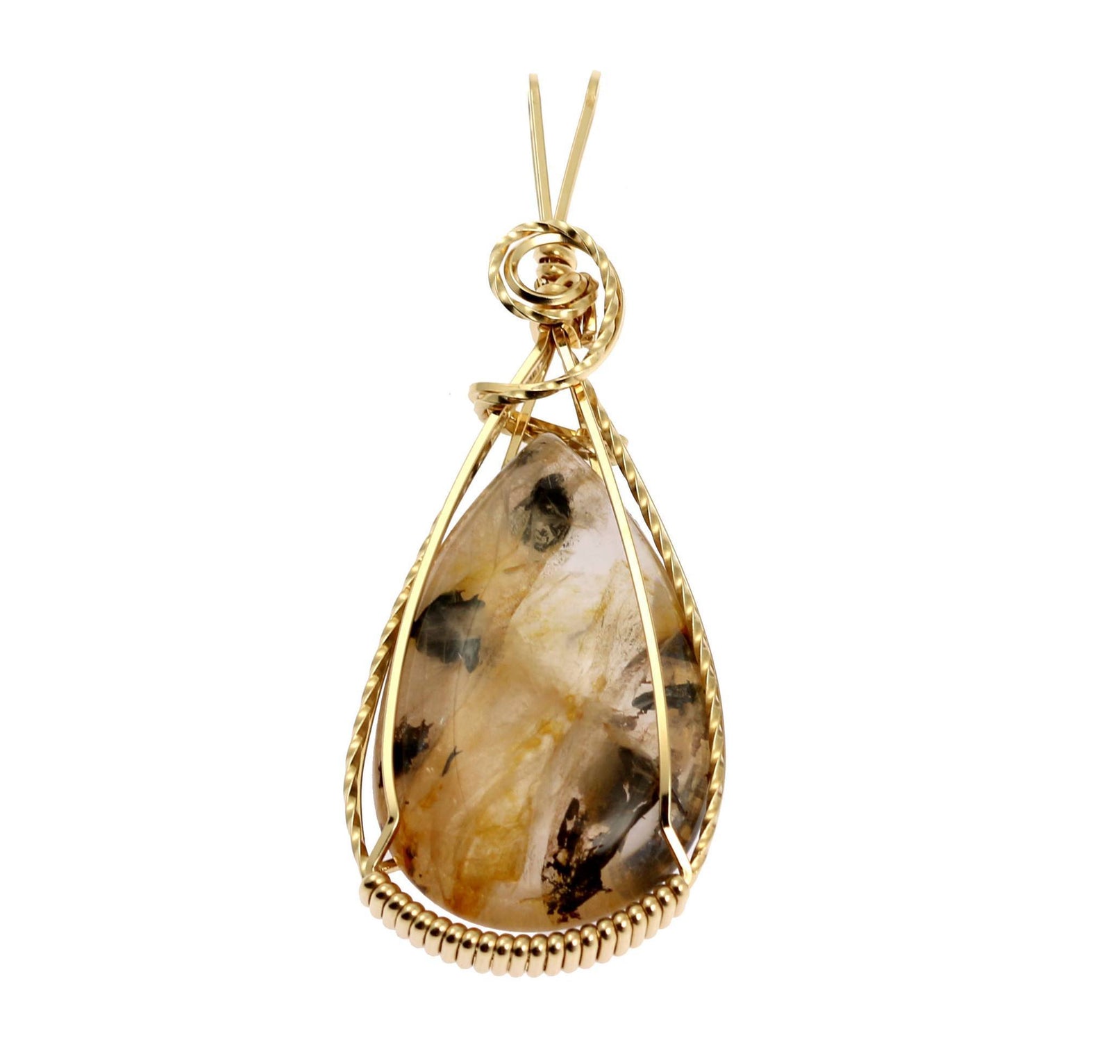 A Dendritic Quartz 14K Gold-filled Wire Wrapped Pendant on a White Background