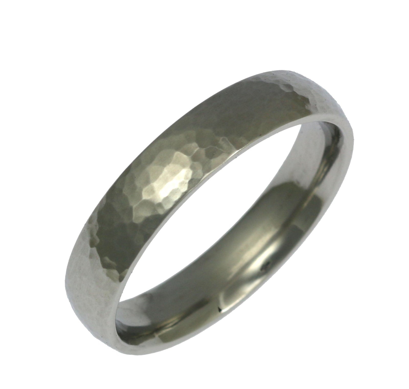 A 5mm Hammered Comfort Fit Stainless Steel Men's Ring on a White Background