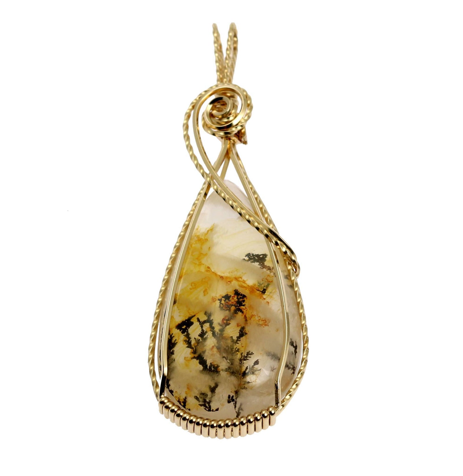 A 62.5 CT Dendritic Quartz 14K Gold-filled Wrapped Pendant on a White Background
