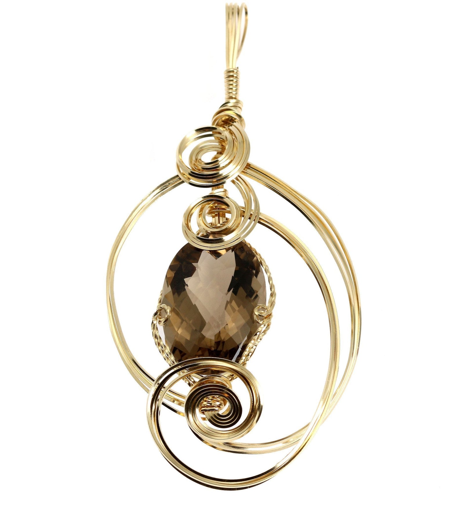 A 65 CT Smoky Quartz 14K Gold-filled Wire Wrapped Pendant on a White Background