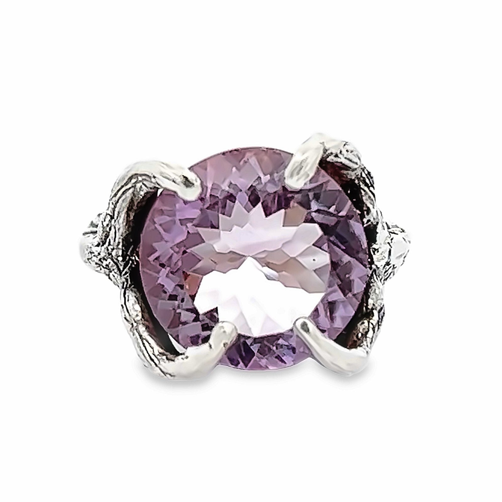 A 8.5 Ct Cushion Cut Amethyst Sterling Silver Cocktail Ring on a White Background