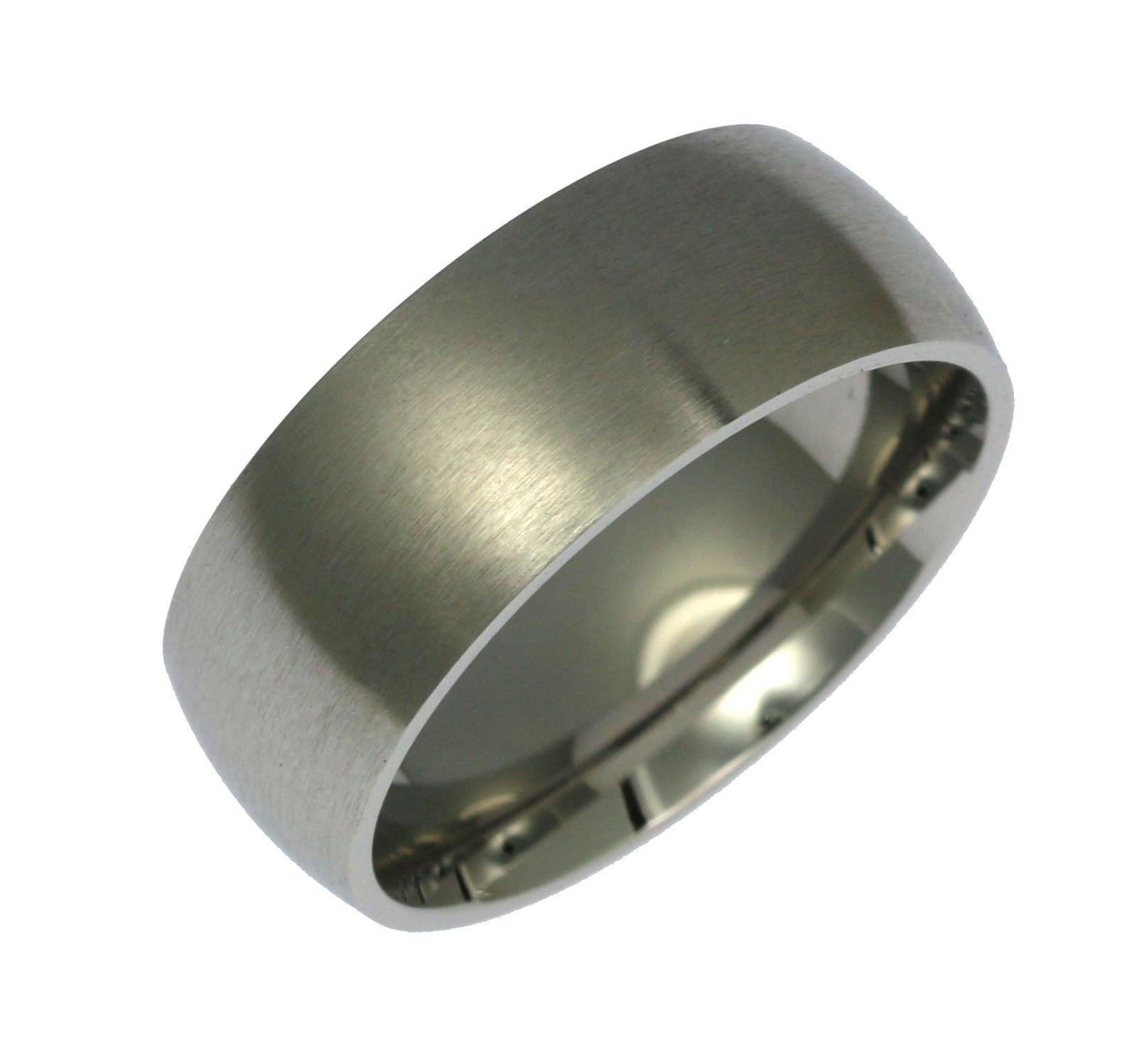 An 8mm Wide Brushed Comfort Fit Stainless Steel Men's Ring on a White Background