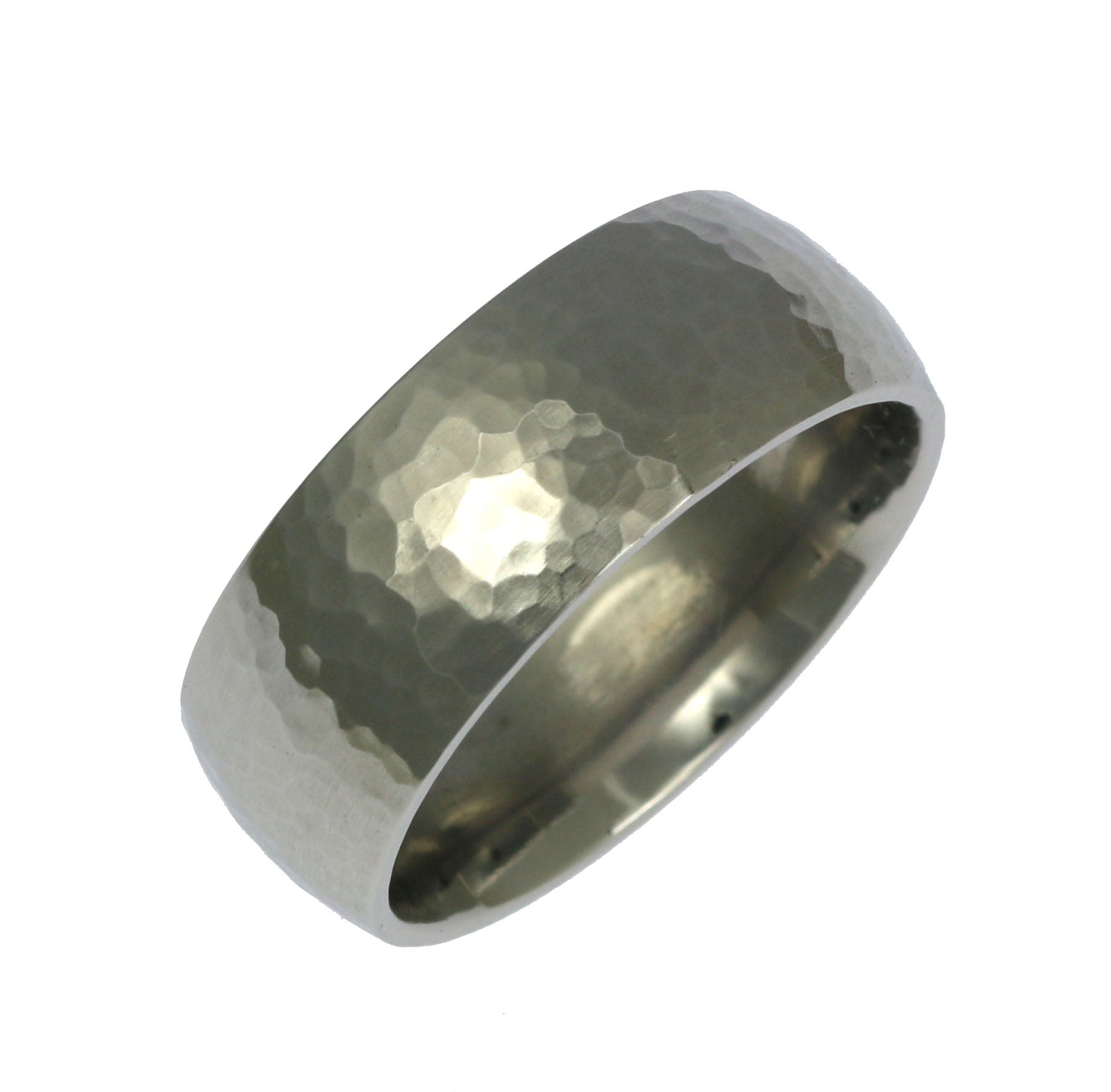 An 8mm Hammered Comfort Fit Stainless Steel Men's Ring on a White Background
