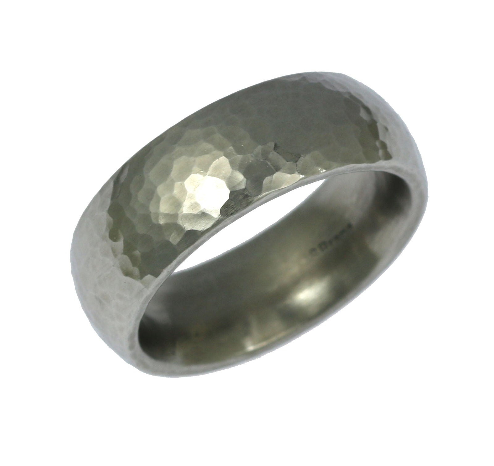 An 8mm Hammered Domed Stainless Steel Men's Ring on a White Background