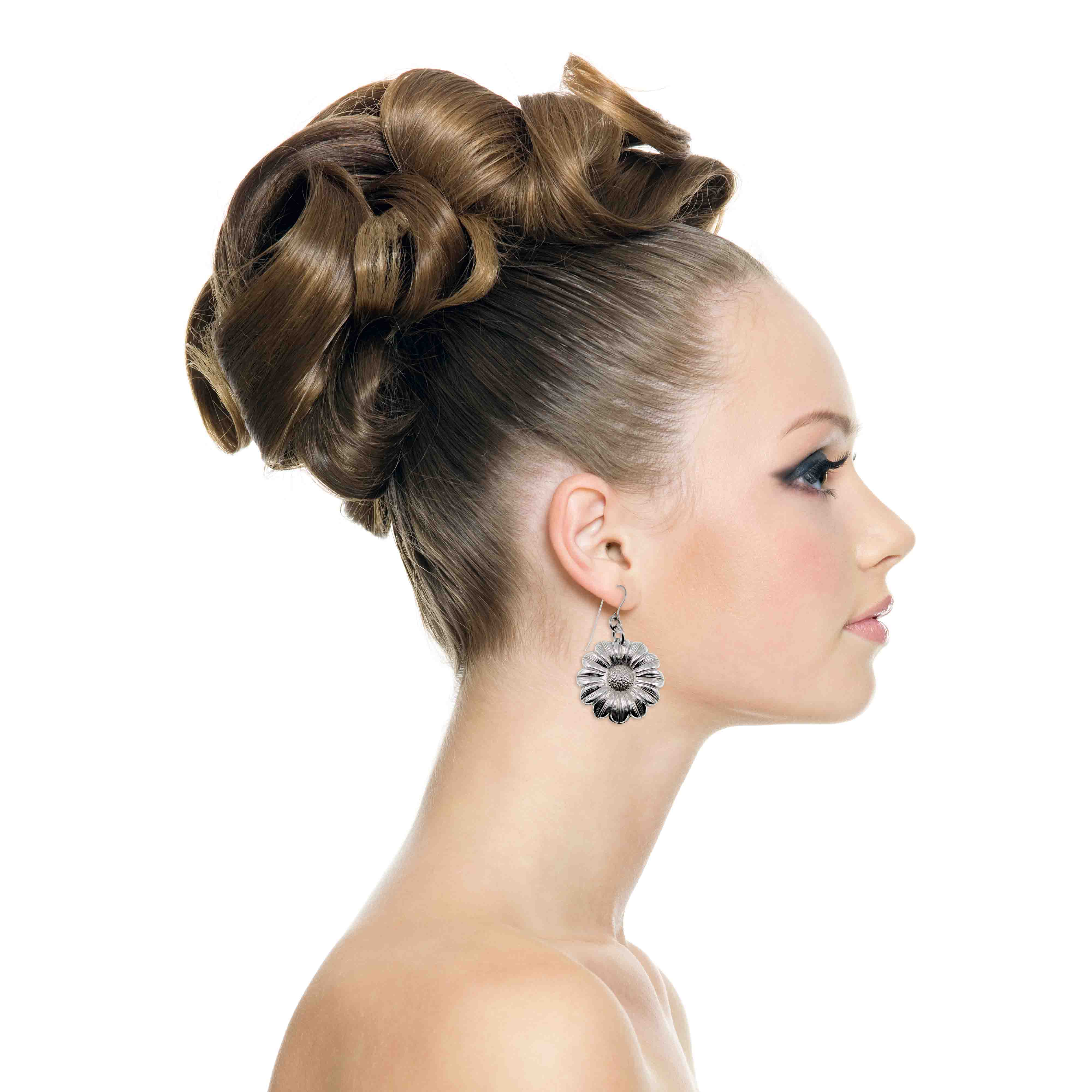 6 of 8: A Stunning Woman Wearing Aluminum Daisy Disc Earrings