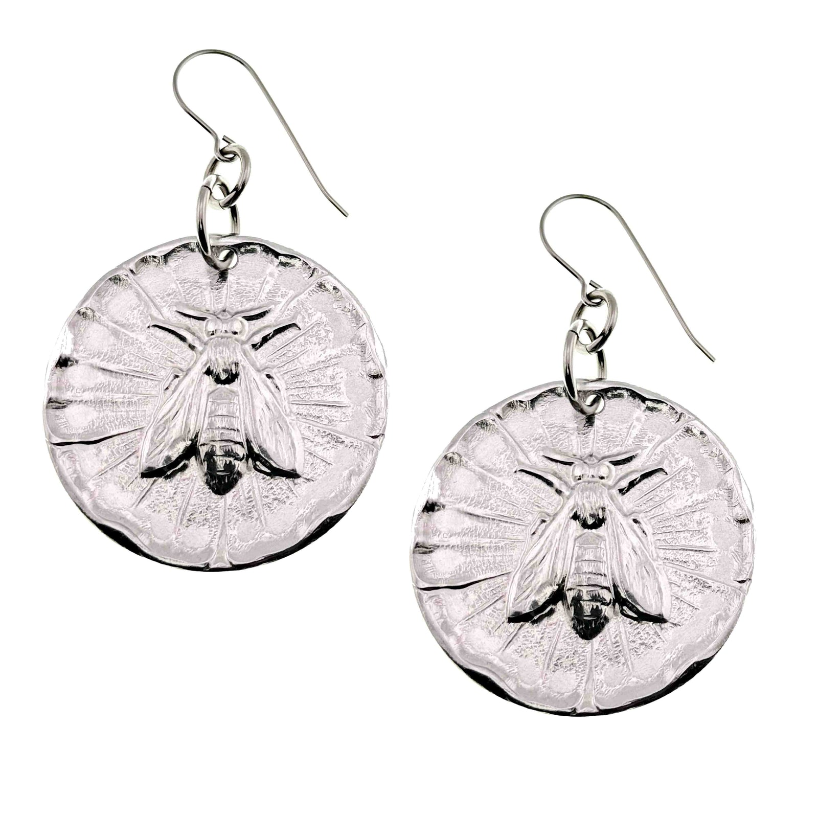 Silver bee-themed earrings on a white background