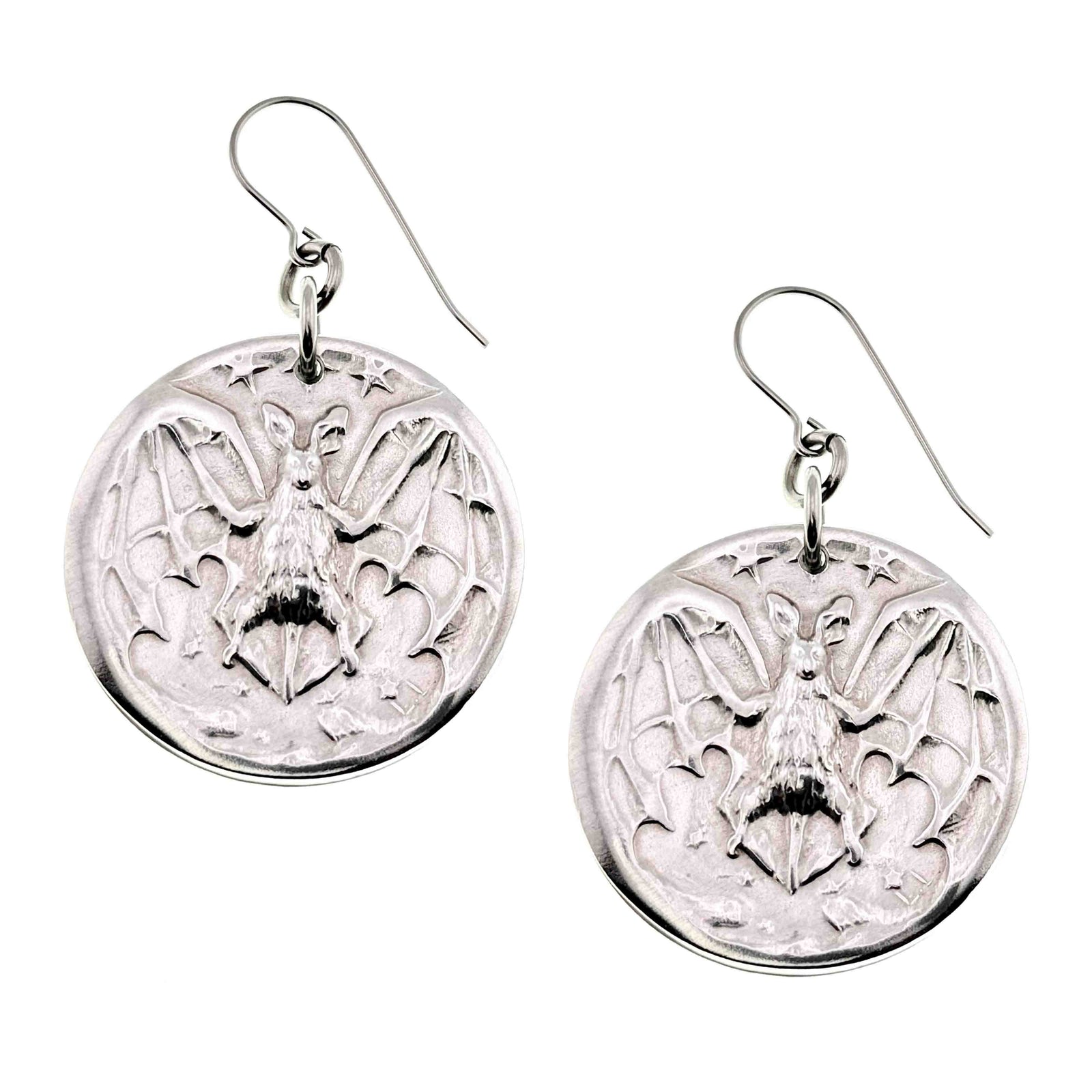Aluminum Vampire Bat Disc Dangle Earrings with intricate designs on a white background
