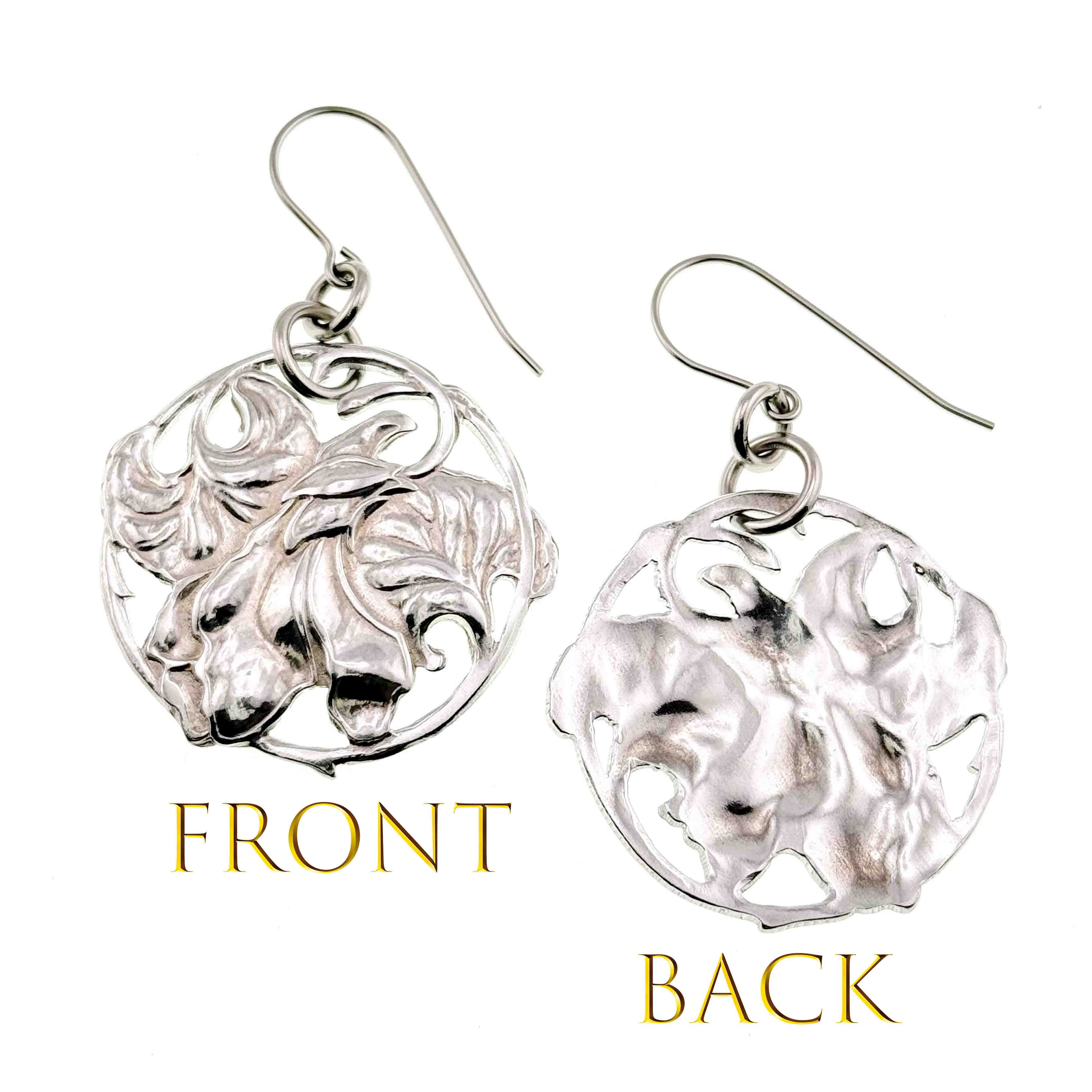 3 of 7: Front and Back Views of Art Nouveau Aluminum Lily Flower Disc Drop Earrings