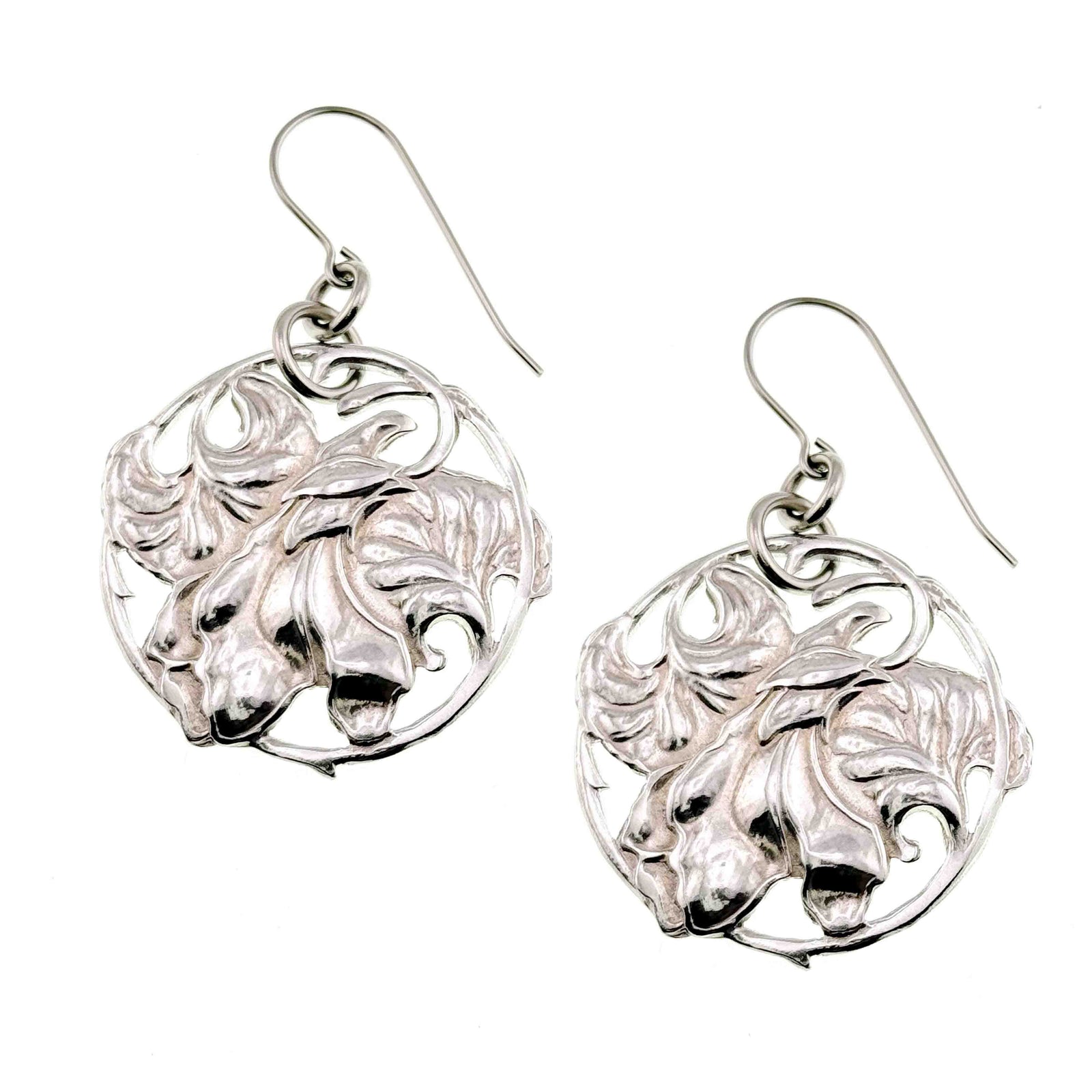A Pair of Art Nouveau Aluminum Lily Flower Disc Drop Earrings on a White Background