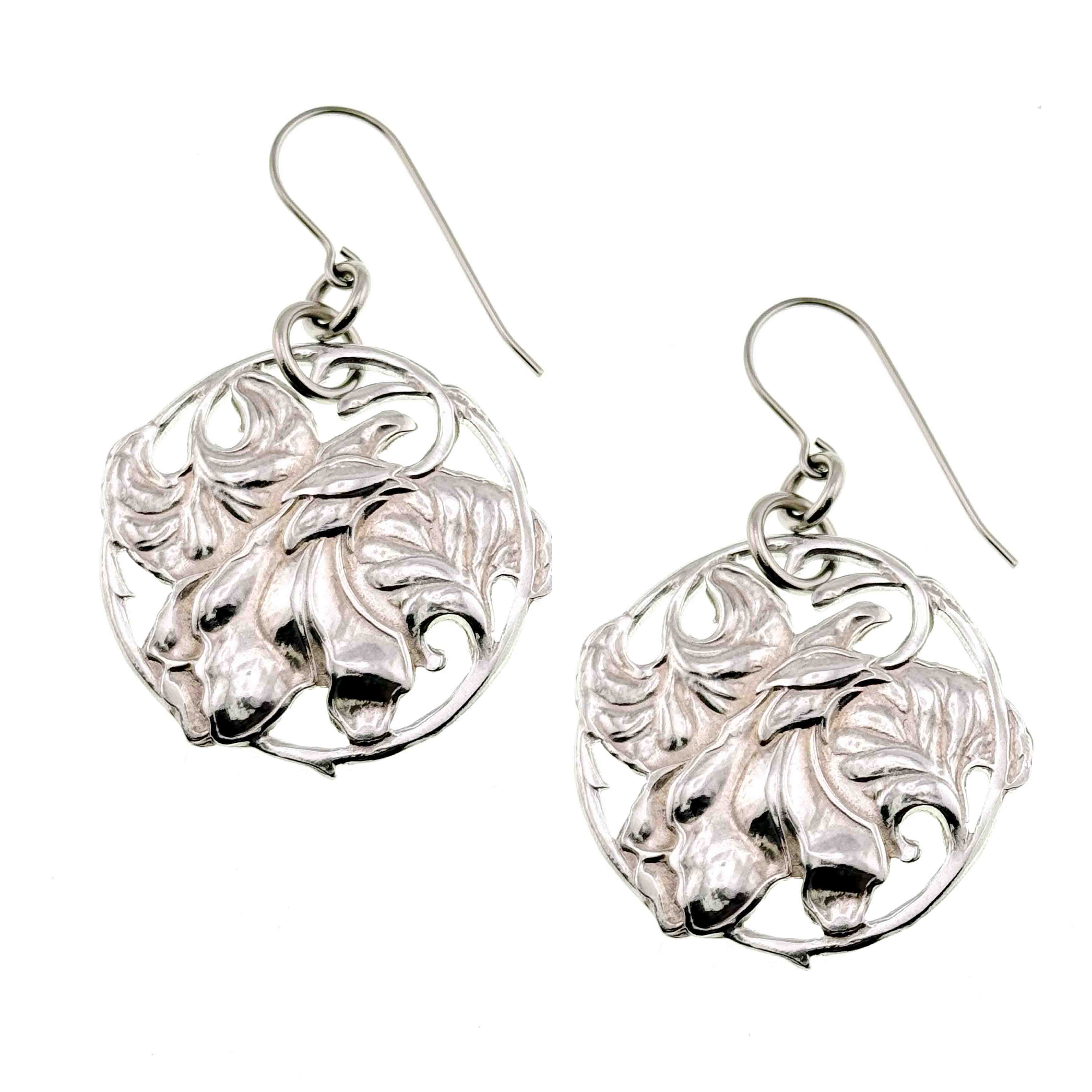 1 of 7: A Pair of Art Nouveau Aluminum Lily Flower Disc Drop Earrings on a White Background