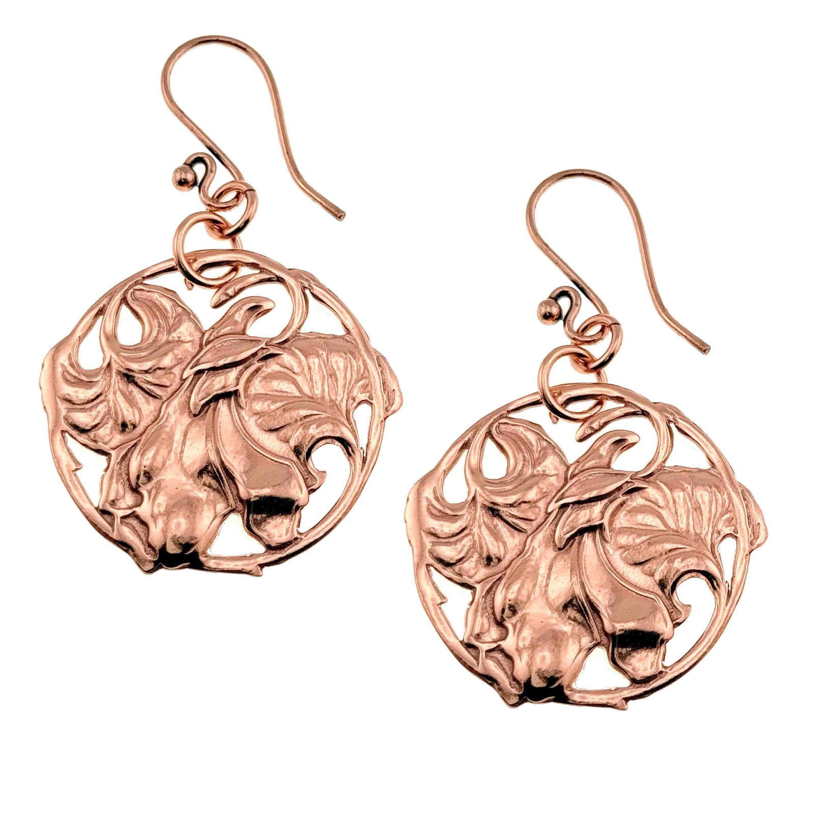 A Pair of Art Nouveau Copper Lily Flower Disc Earrings on a White Background