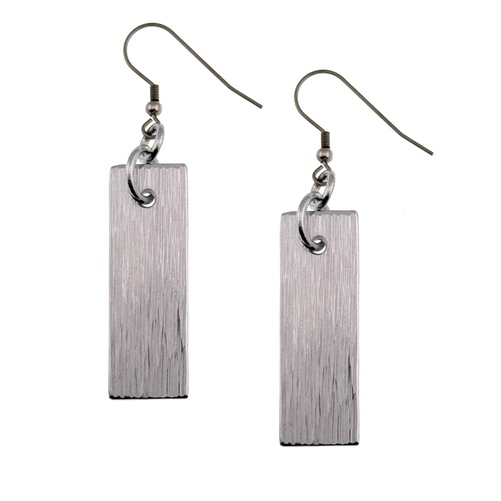 A Pair of Aluminum Bark Dangle Earrings on a White Background