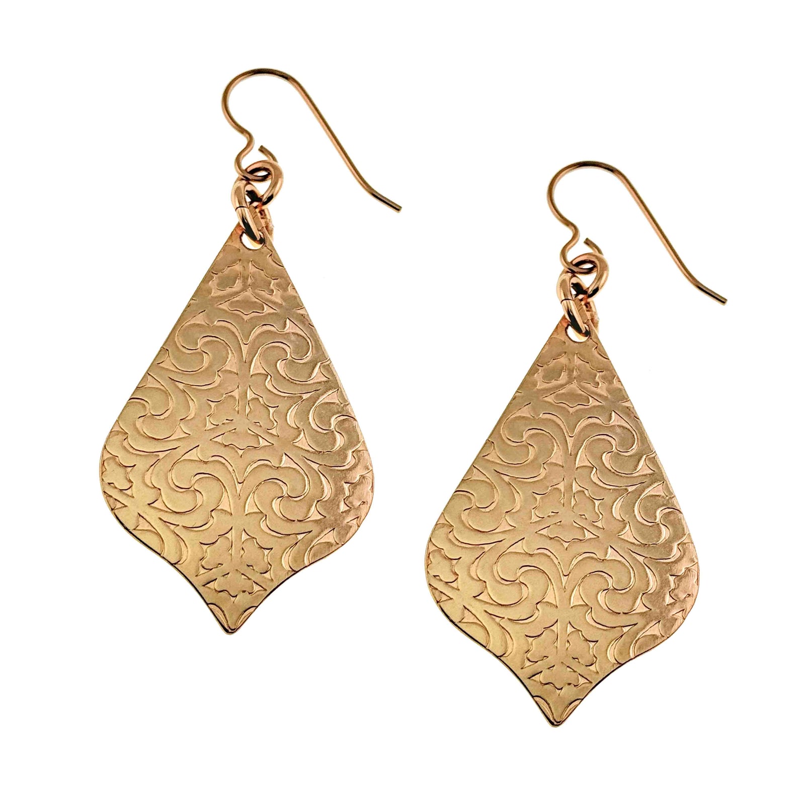 Bronze Damask Arabesque Drop Earrings with intricate patterns on a white background