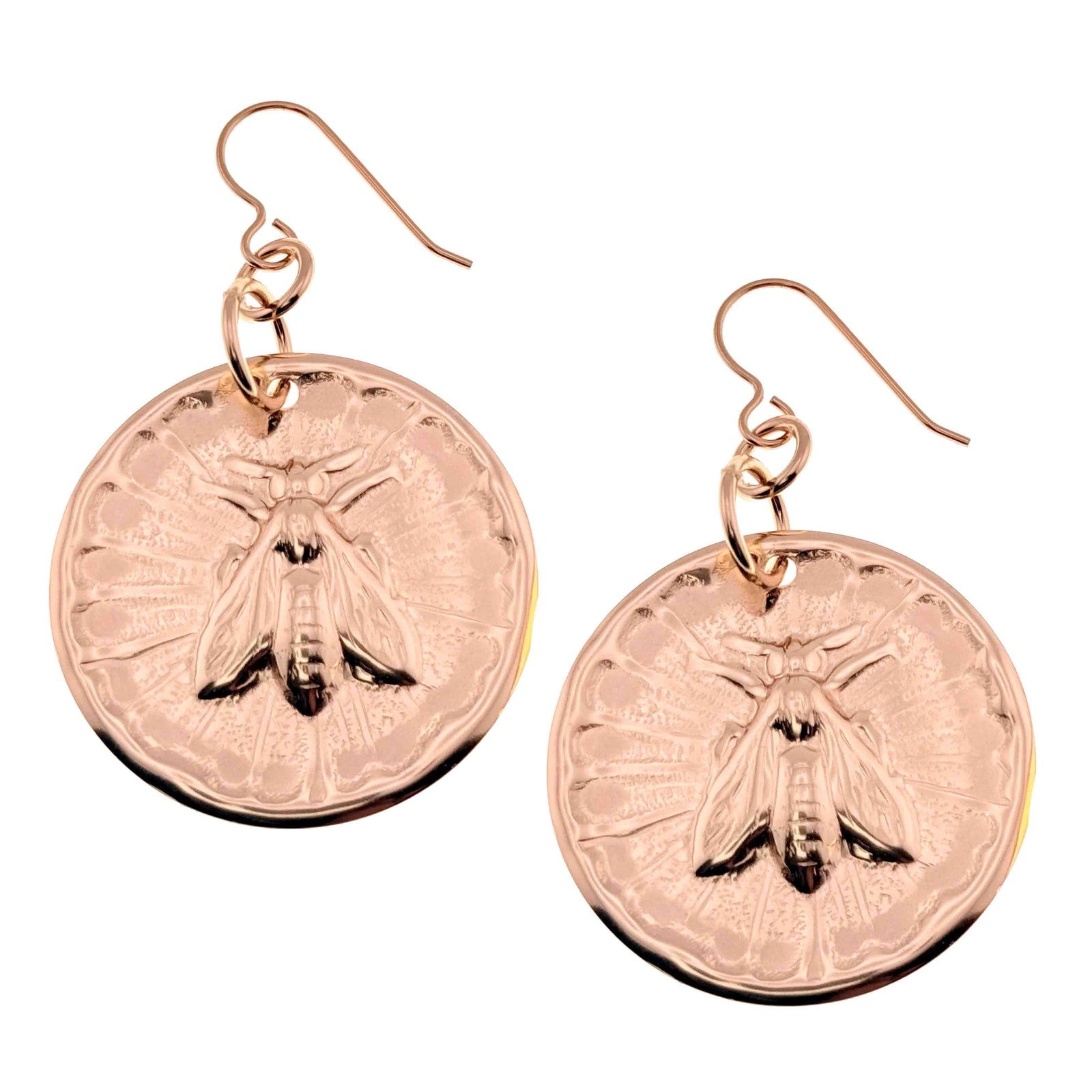 Bronze Queen Bee Disc Drop Earrings on a white background