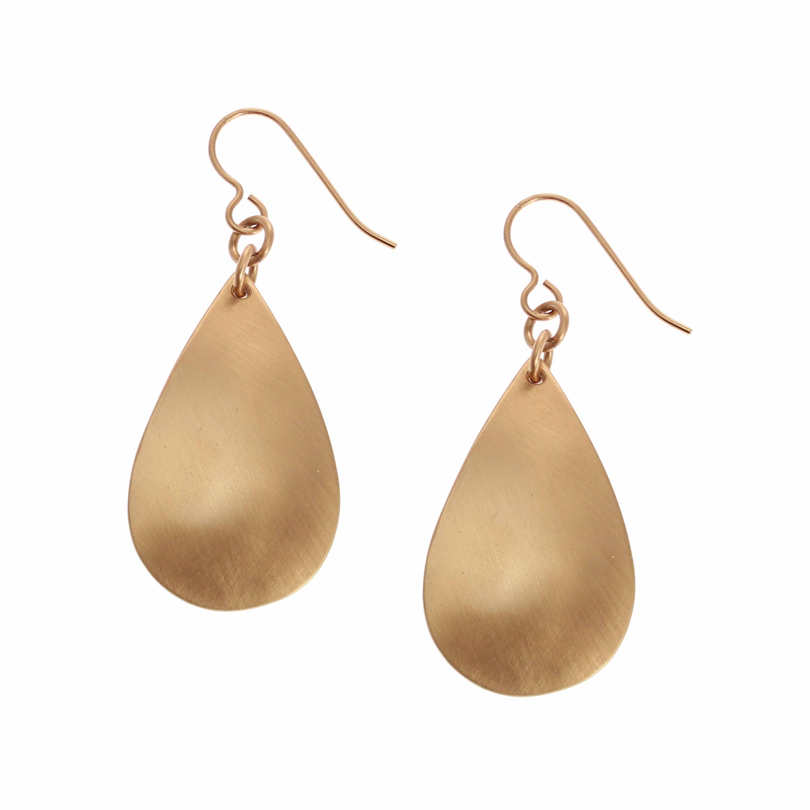 A Pair of Brushed Bronze Teardrop Earrings on a White Background