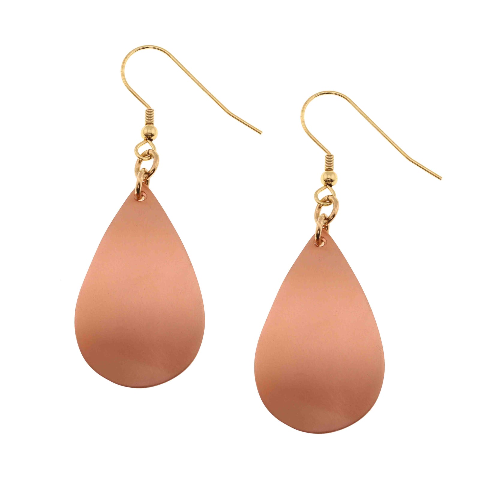 A Pair of Brushed Copper Teardrop Earrings on a White Background