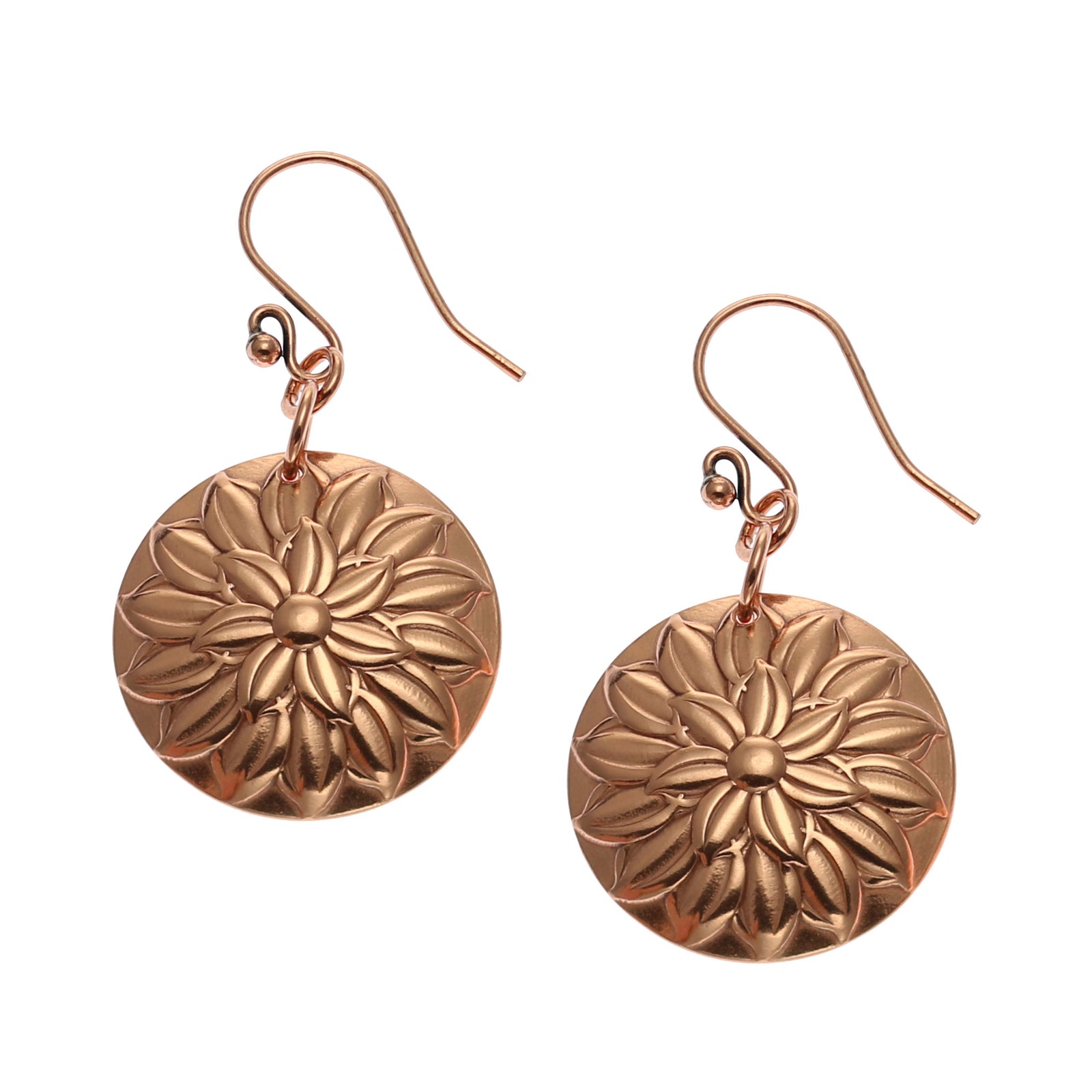 A Pair of Chrysanthemum Copper Disc Earrings on a White Background