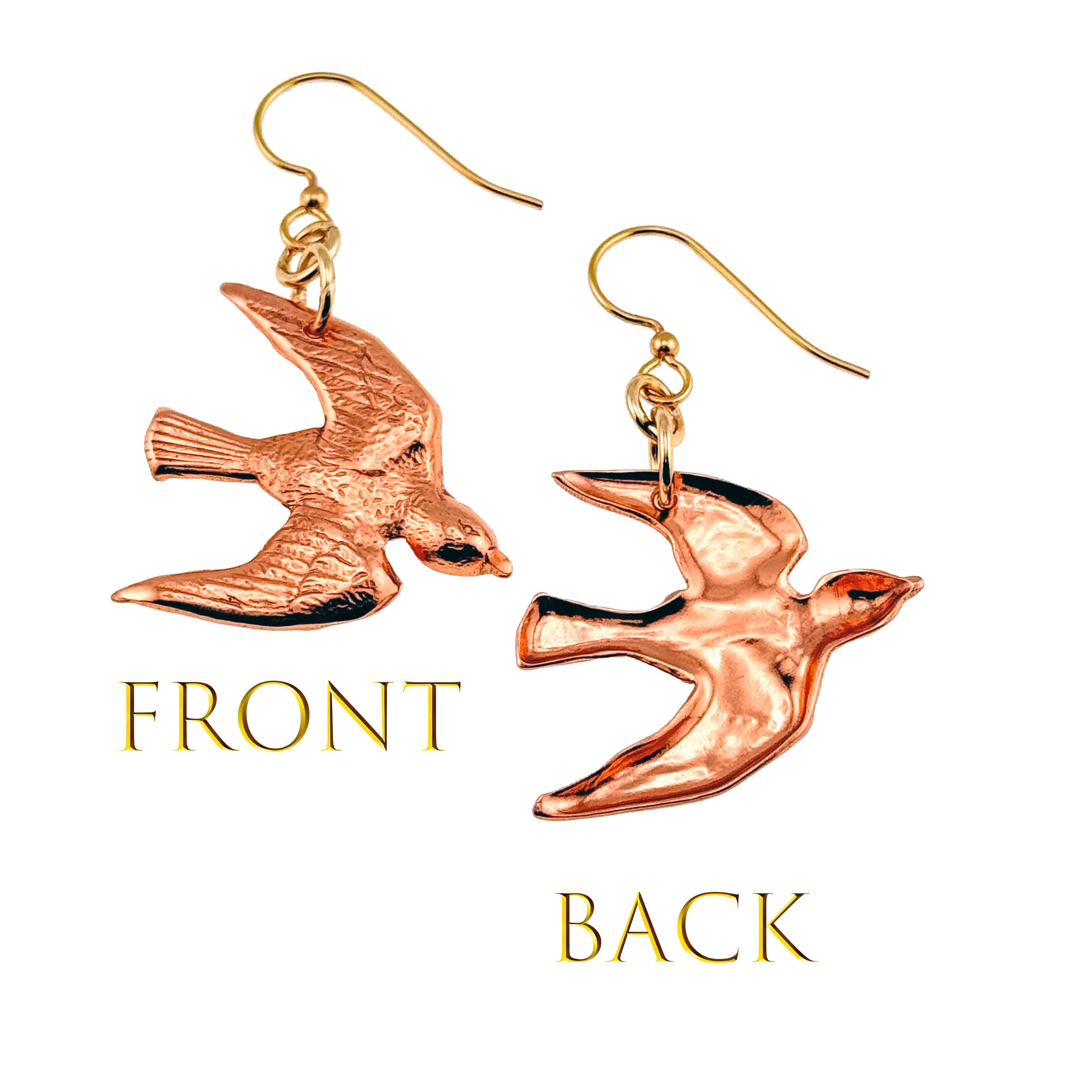 3 of 7: Bird-shaped earrings shown from front and back on a white background