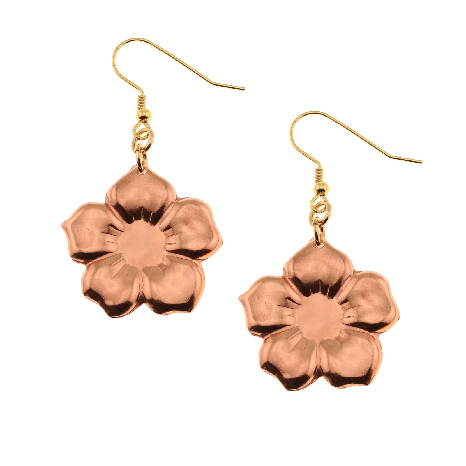 A Pair of Copper Forget Me Not Flower Earrings on a White Background