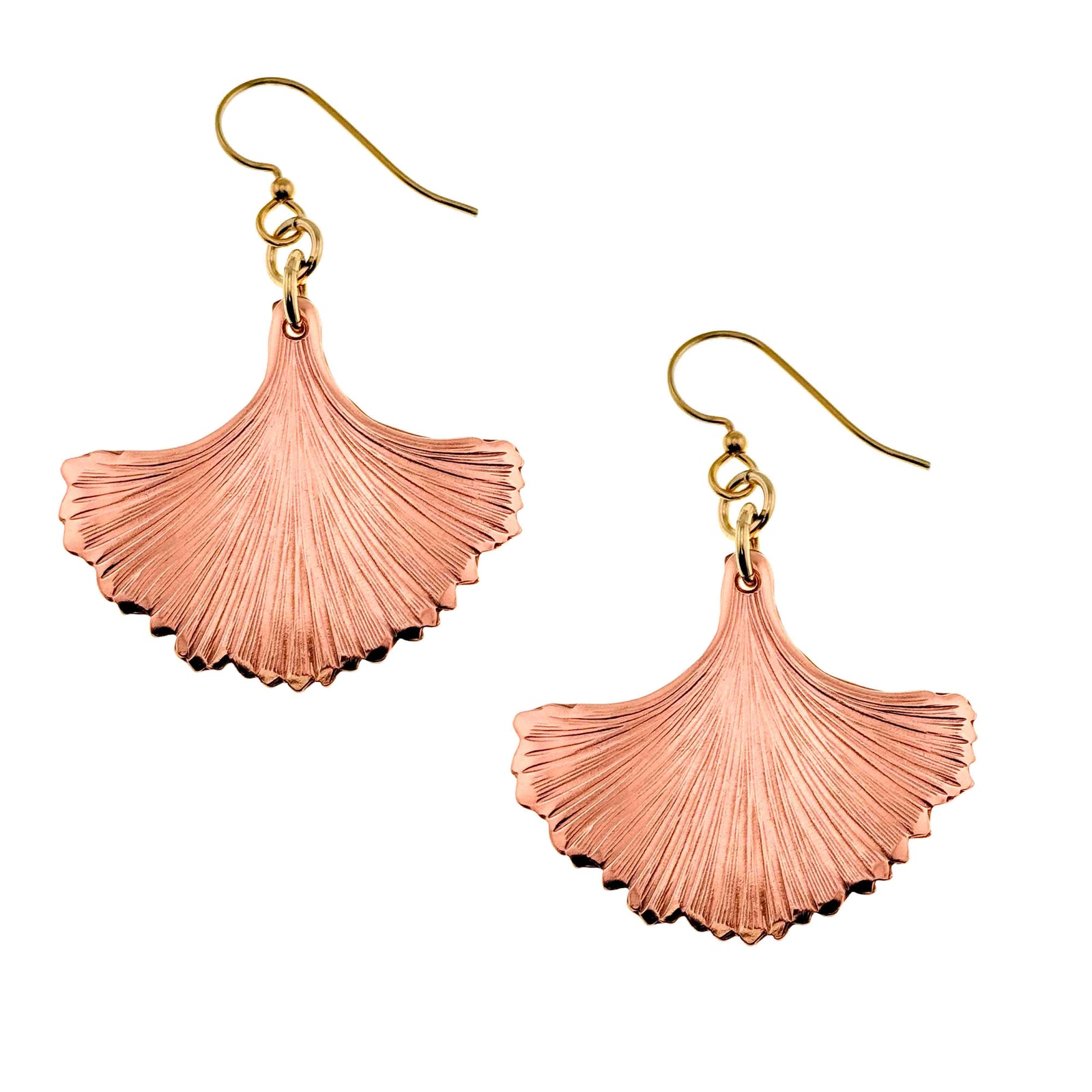 A Pair of Copper Ginkgo Leaf Earrings on a White Background