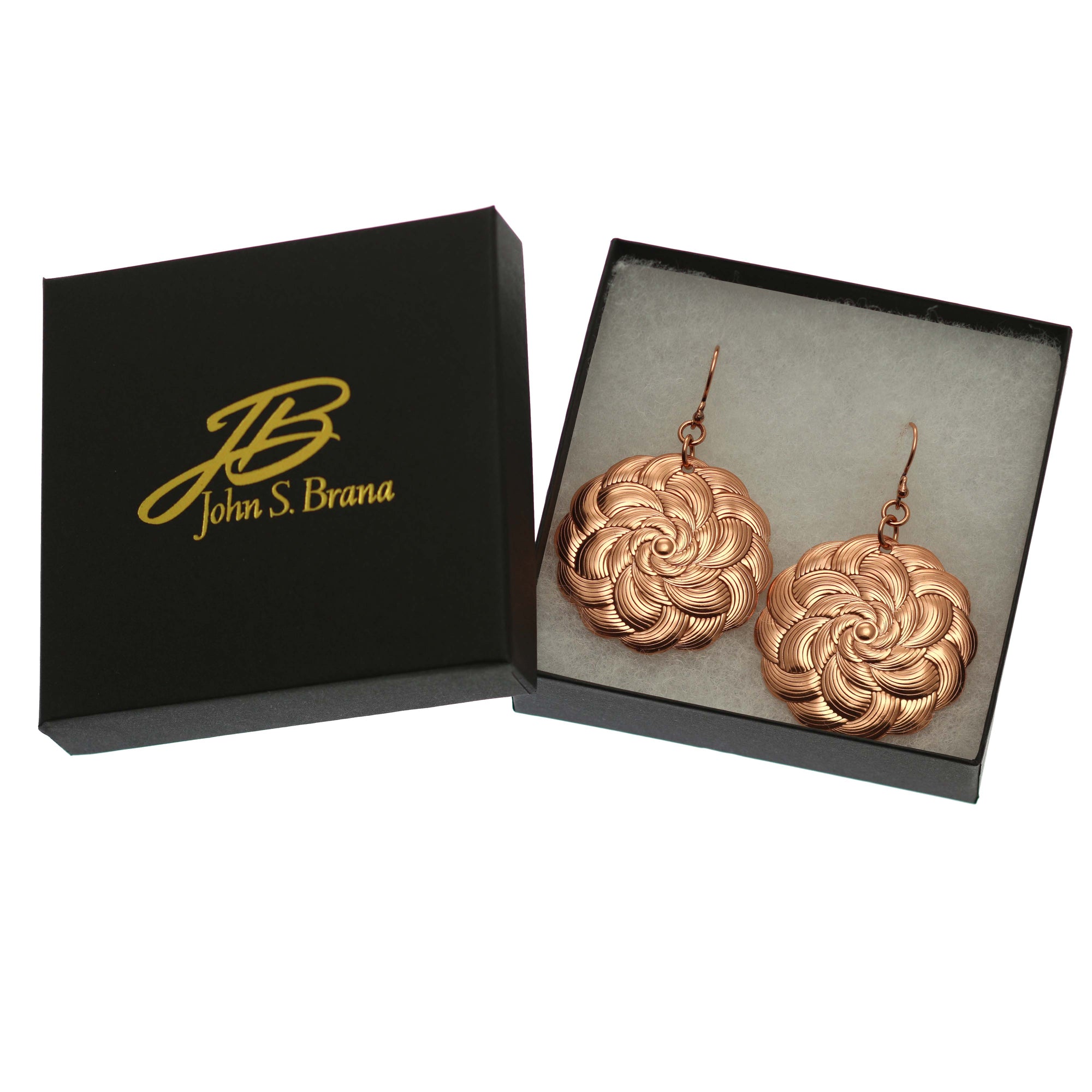 Copper Mandla Disc Earrings in a Black Gift Box with a Gold Logo John S. Brana