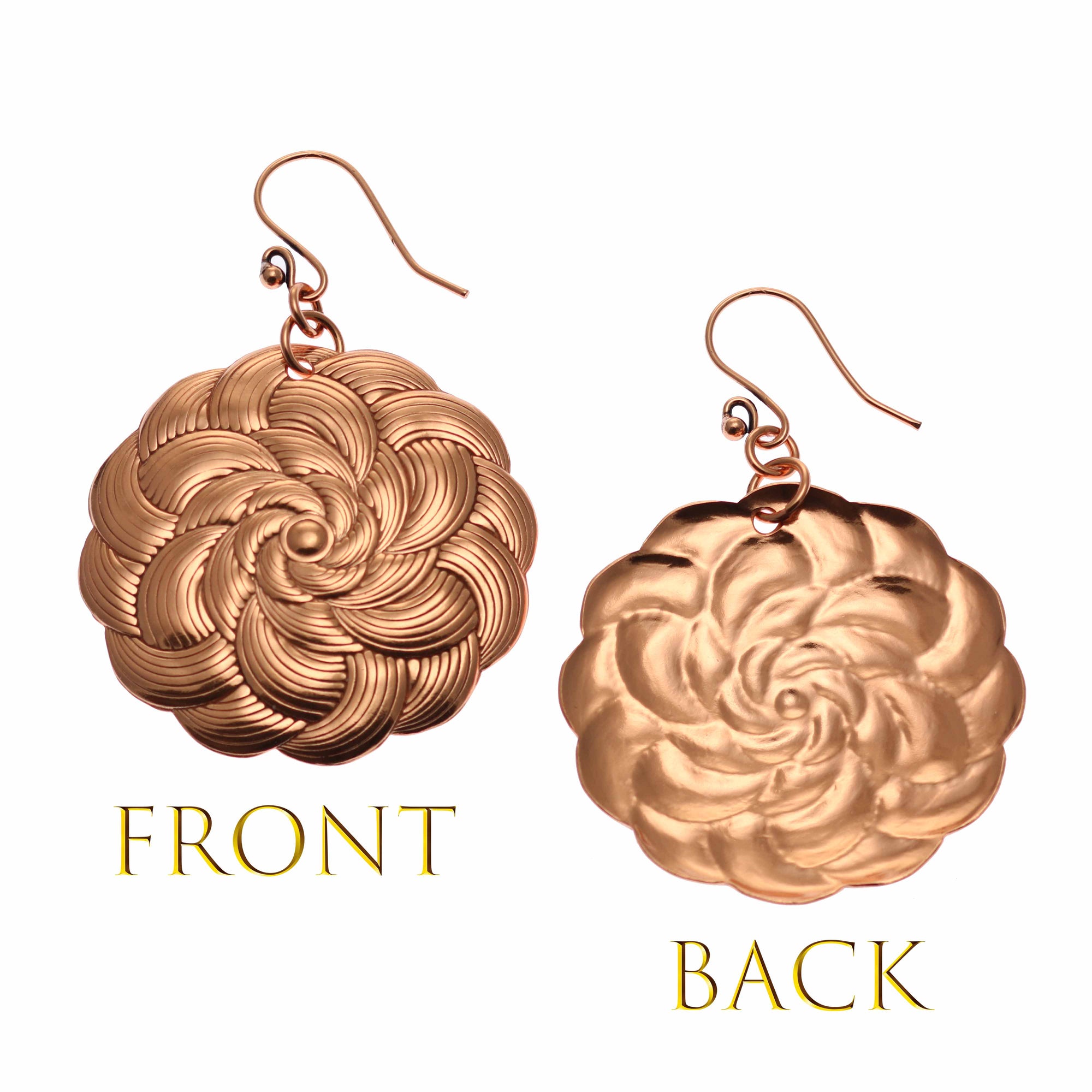 Front and Back View of Copper Mandala Disc Drop Earrings from  John S. Brana